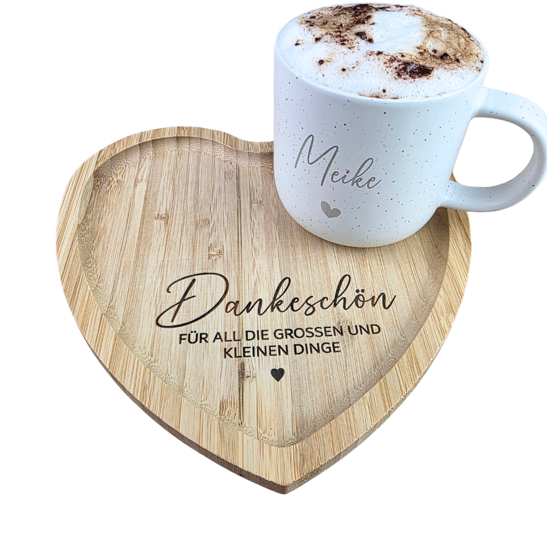Dankeschön Geschenk mit Tasse & Herz-Tablett personalisiert