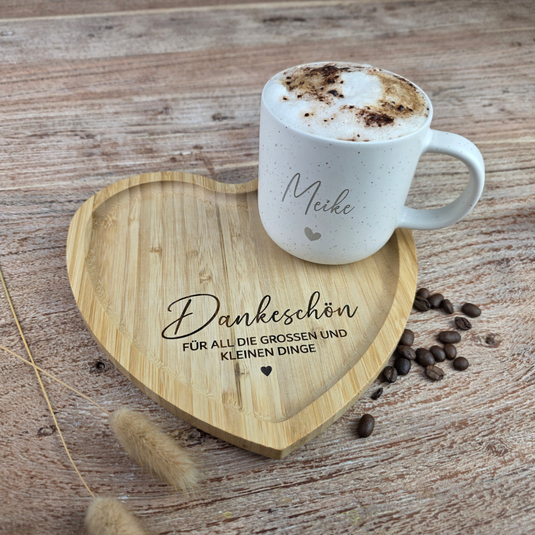 Dankeschön Geschenk mit Tasse & Herz-Tablett personalisiert