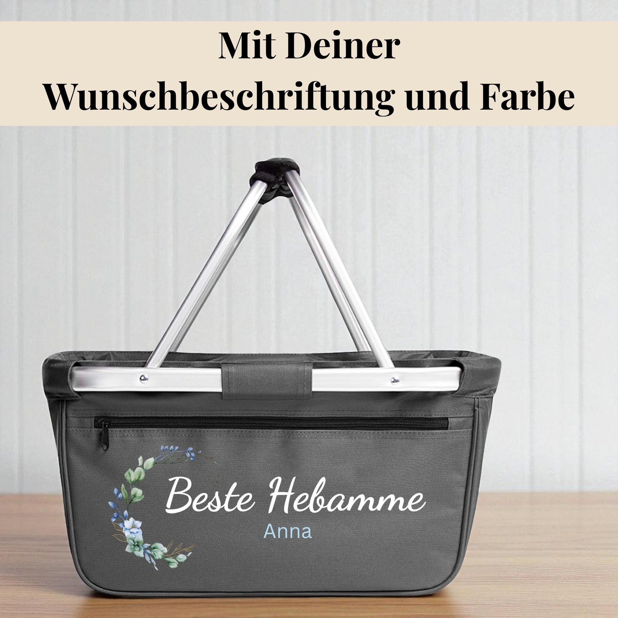 Einkaufskorb „Beste Hebamme“ mit Name Anna und Blumendesign, personalisiertes Geschenk