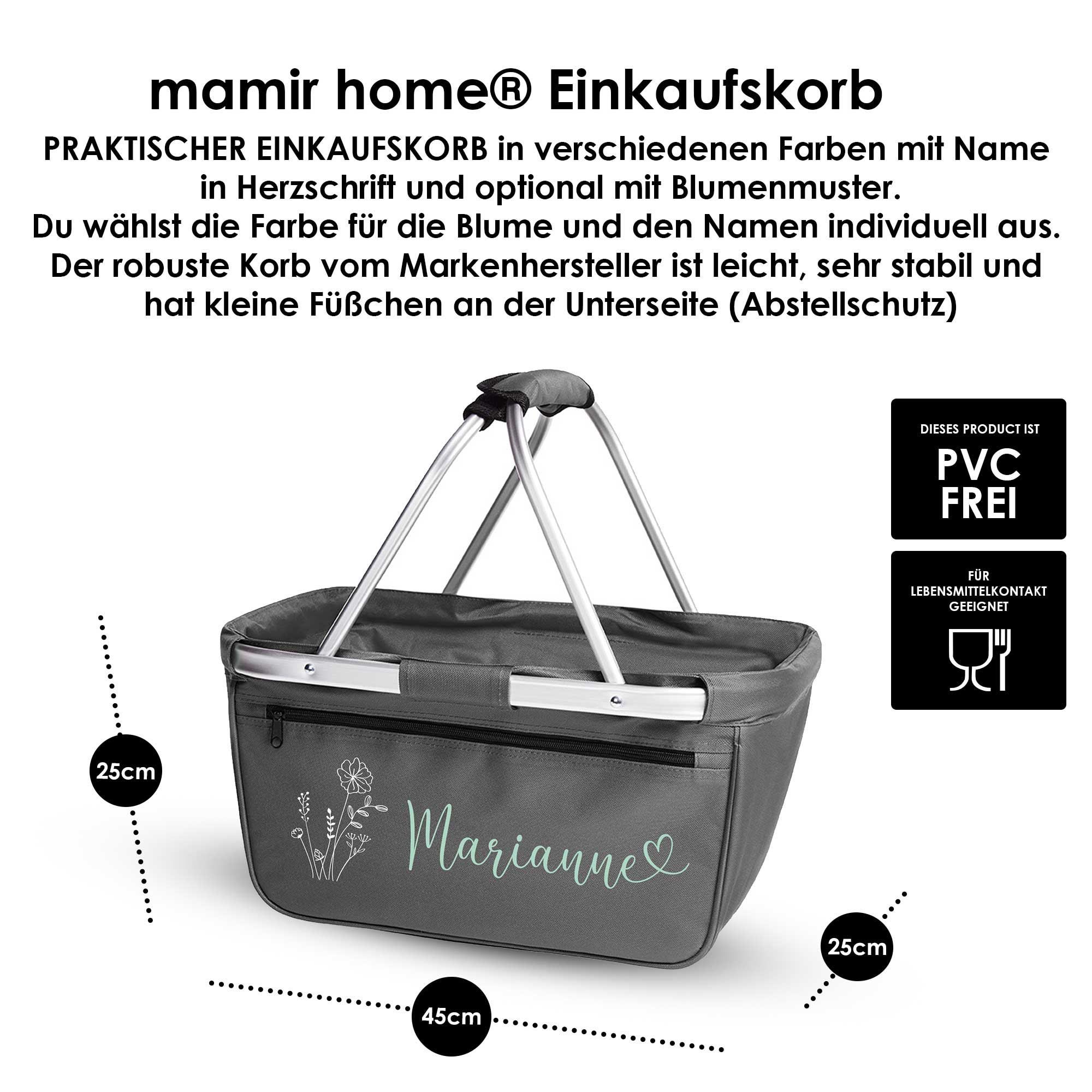 Produktinfo zum Einkaufskorb mit Herzschrift und Blumenmuster in verschiedenen Farben