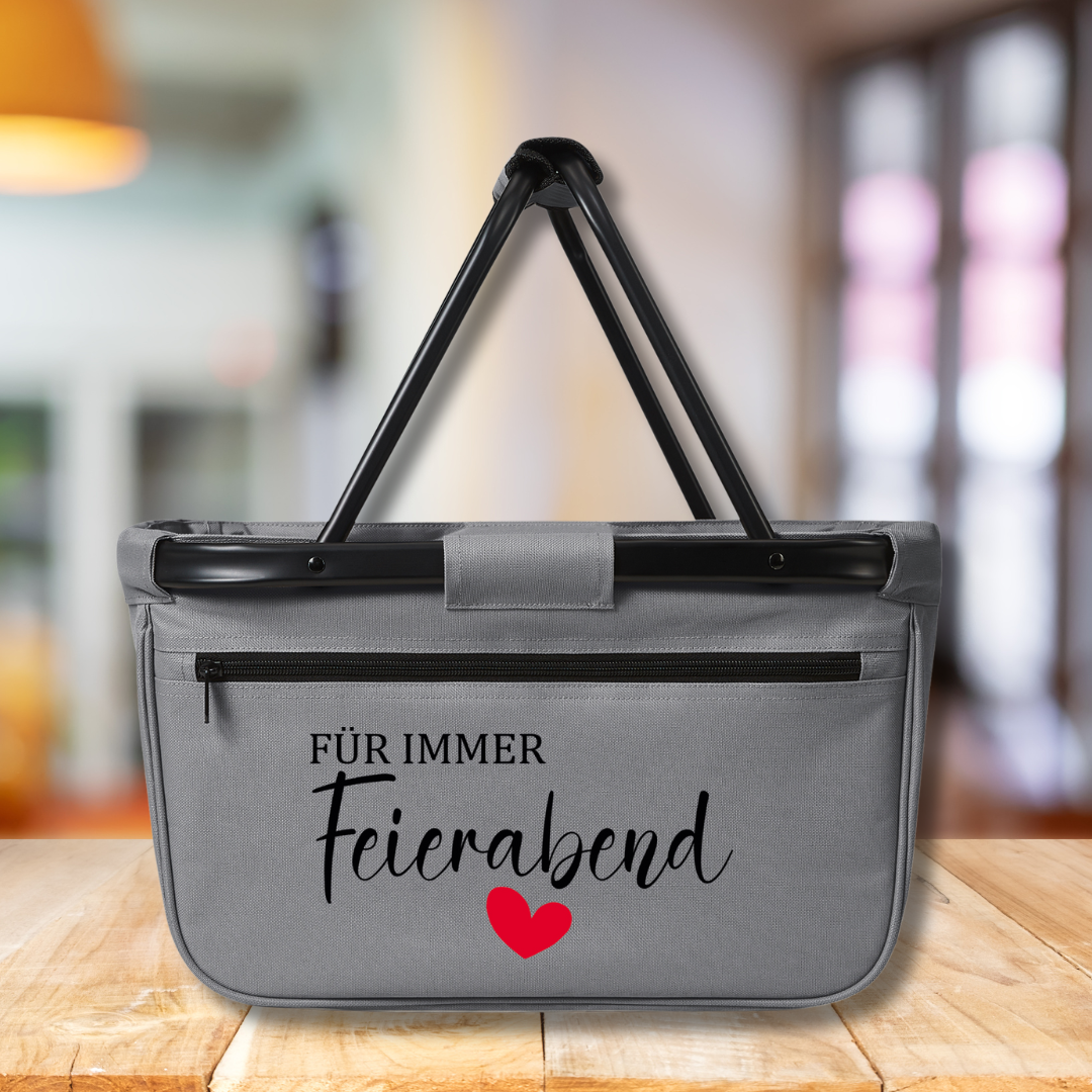 Personalisierter Einkaufskorb mit rotem Herz – Für immer Feierabend – Geschenk zum Renteneintritt