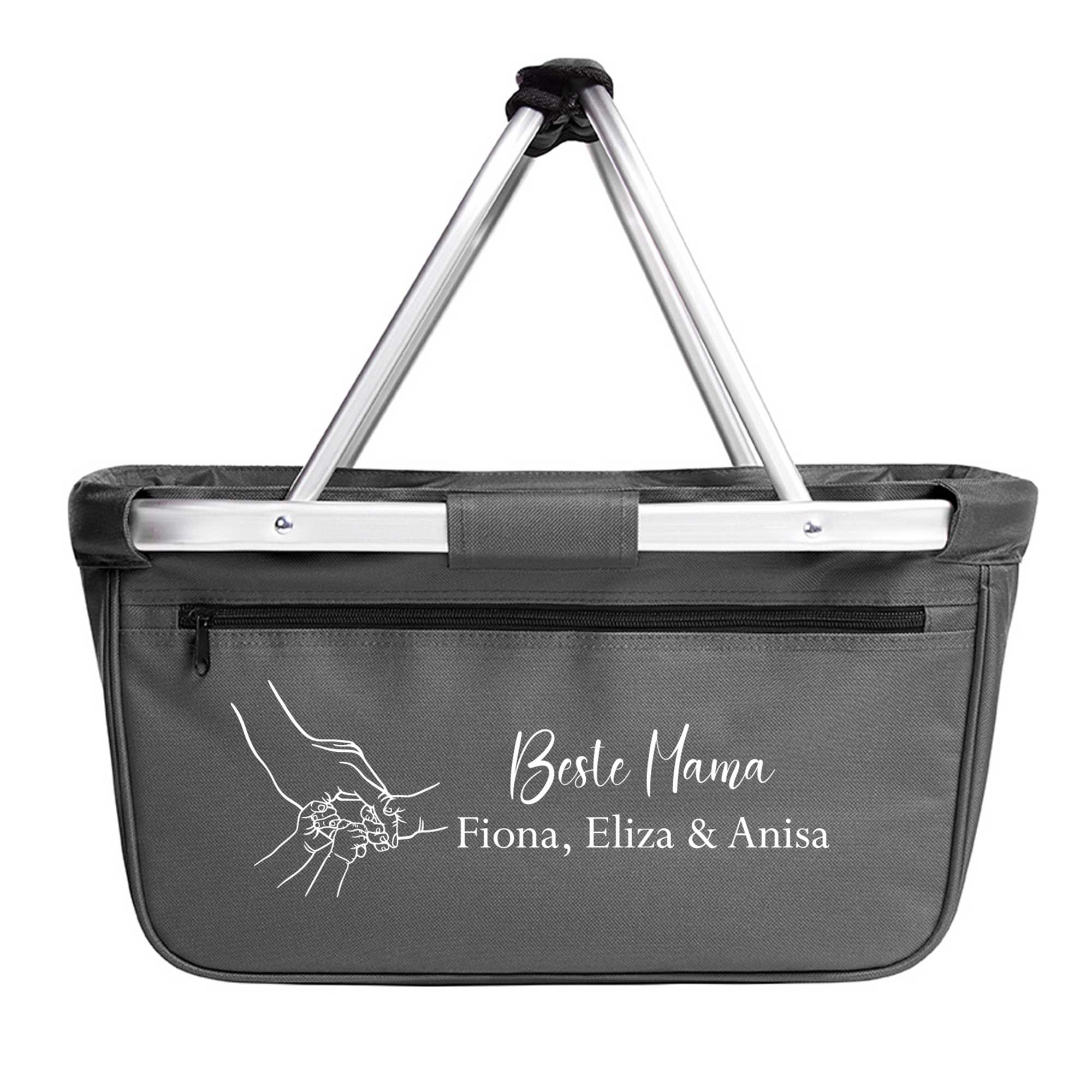 Personalisierter Einkaufskorb für Mama – freigestellt mit Hand und Kindernamen