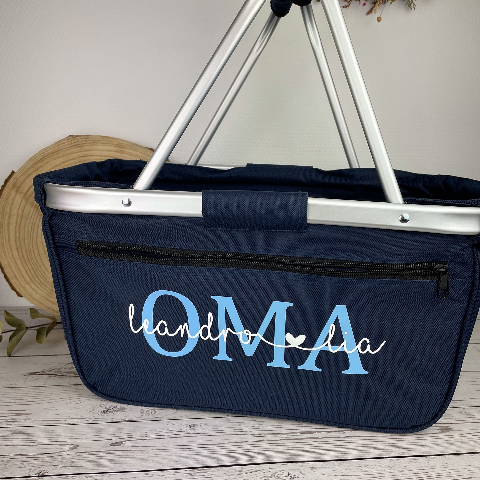 Blauer Einkaufskorb mit zwei Kindernamen – Geschenk für Oma oder Mama