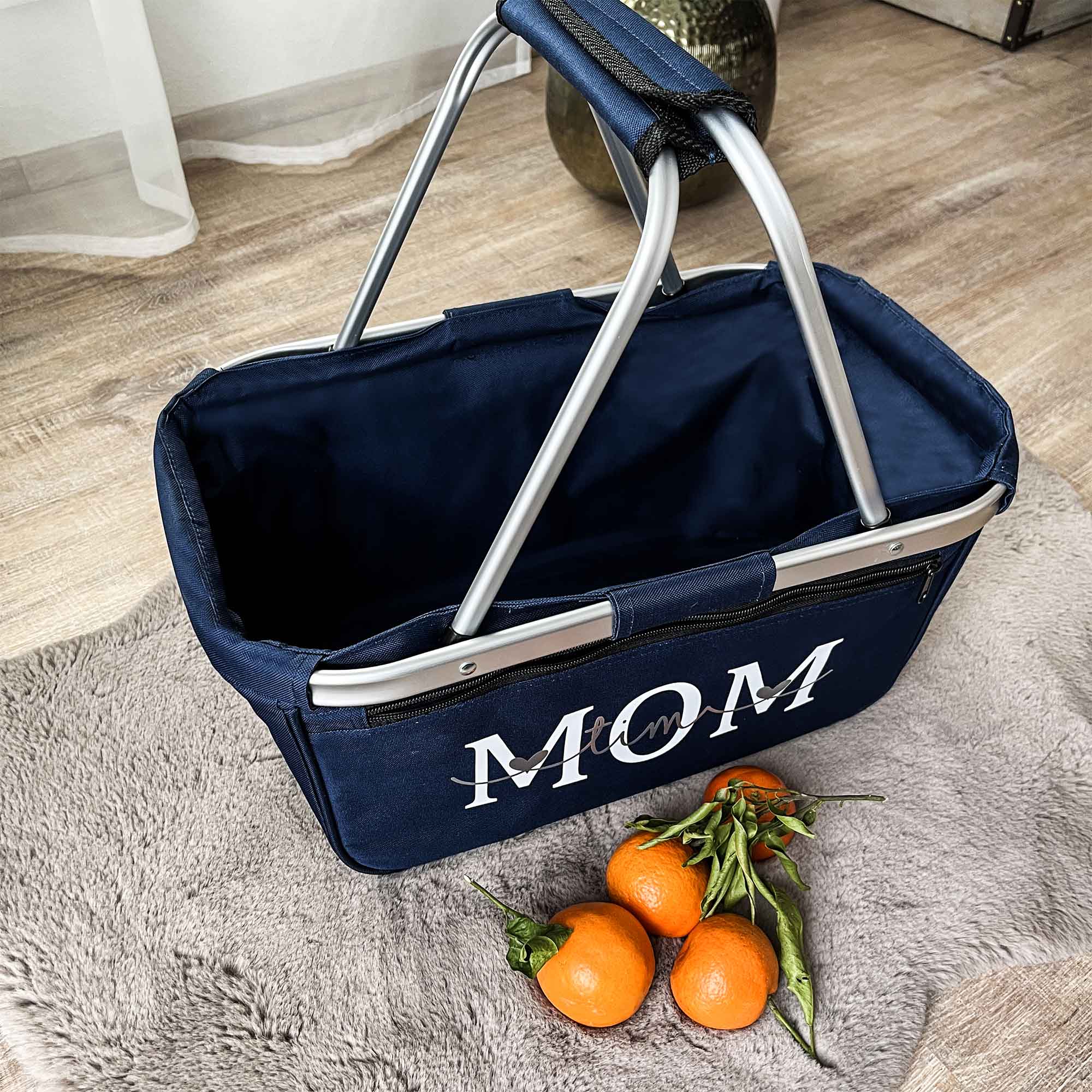 Blauer Einkaufskorb MOM mit Namen – Geschenk für Mütter