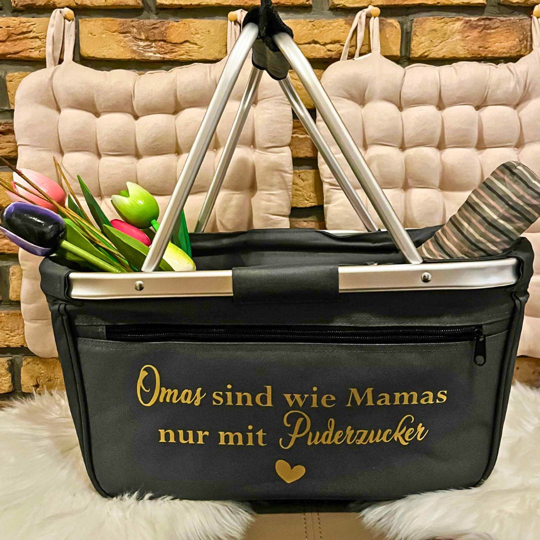 Einkaufskorb in Anthrazit mit dem Spruch Omas sind wie Mamas nur mit Puderzucker und Tulpen