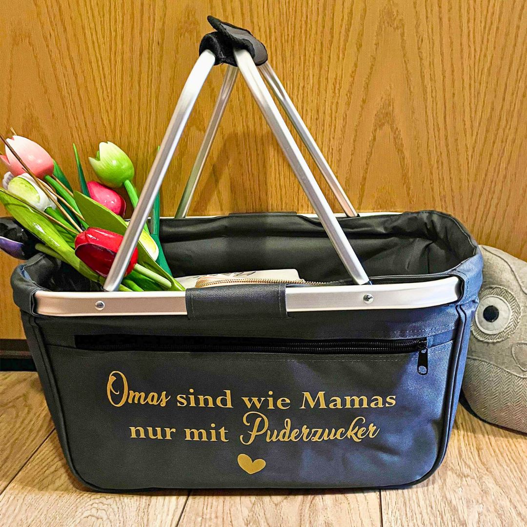 Geschenk für Oma: Einkaufskorb mit goldener Aufschrift Omas sind wie Mamas nur mit Puderzucker