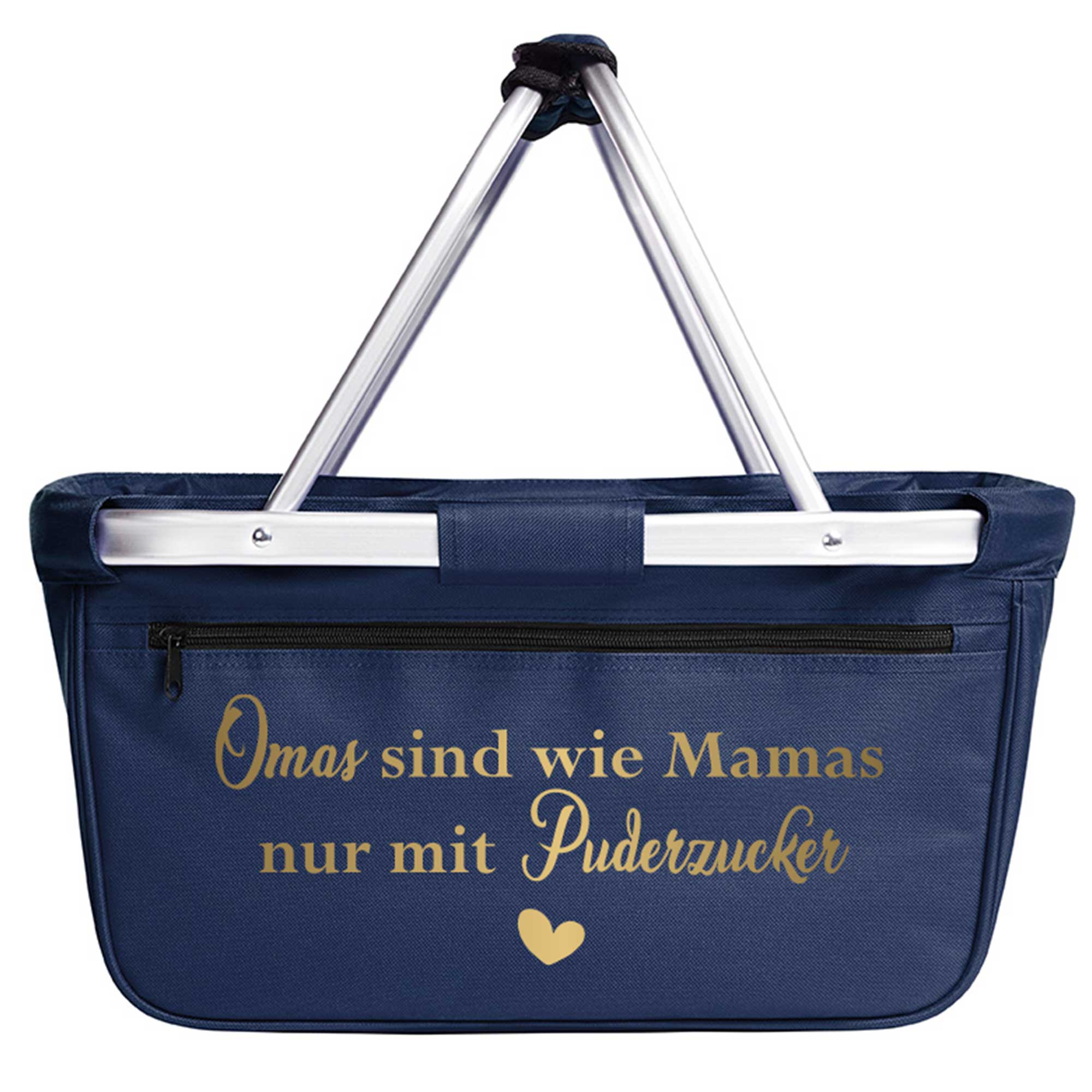Einkaufskorb mit Spruch Omas sind wie Mamas nur mit Puderzucker in Blau – Geschenk für Oma