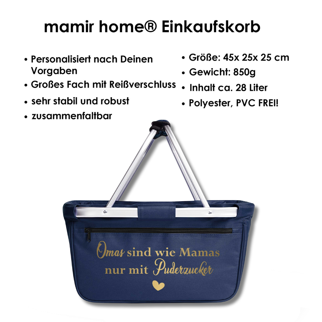 Einkaufskorb „Omas sind wie Mamas nur mit Puderzucker“ – Geschenk für Oma mit Herz