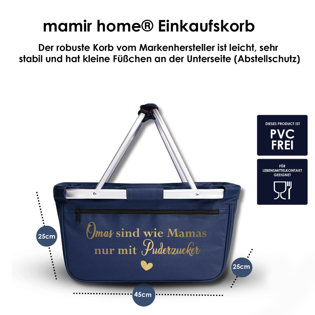 Einkaufskorb „Omas sind wie Mamas nur mit Puderzucker“ – Geschenk für Oma mit Herz