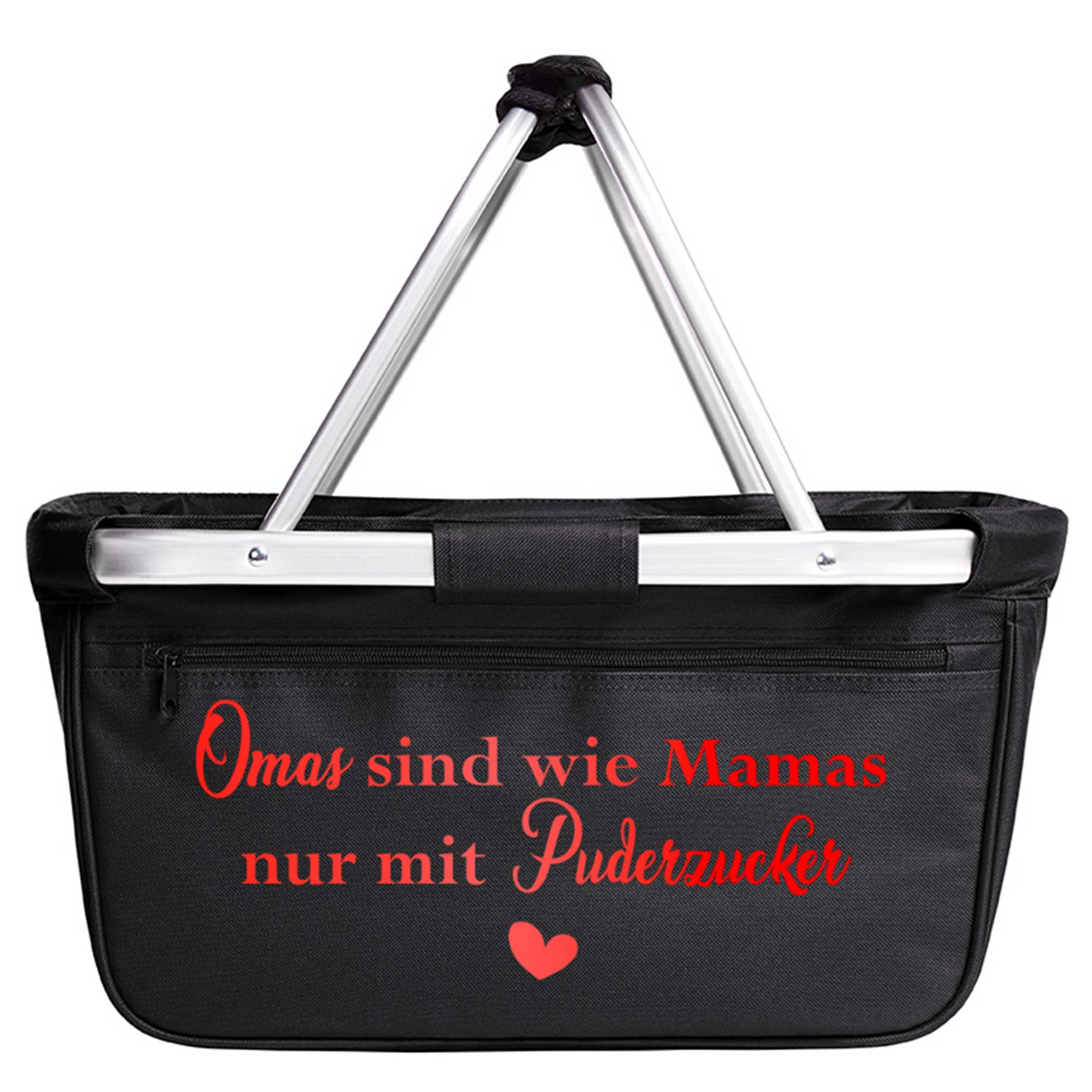 Schwarzer Einkaufskorb mit rotem Spruch Omas sind wie Mamas nur mit Puderzucker – Geschenkidee