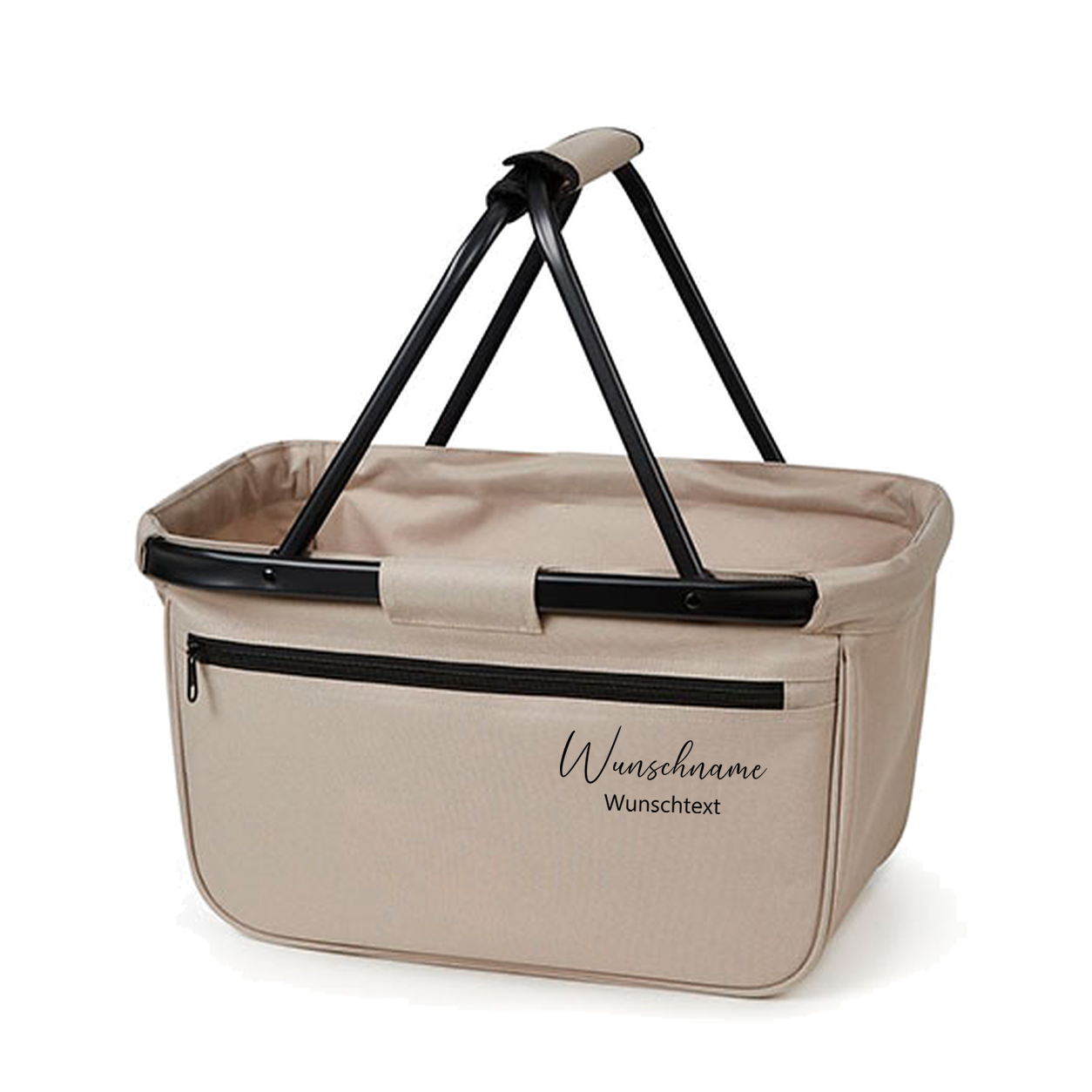 Personalisierter faltbarer Einkaufskorb in Beige mit schwarzem Rahmen, Außentasche und dem Aufdruck Elvira – Beste Tante auf weißem Hintergrund.