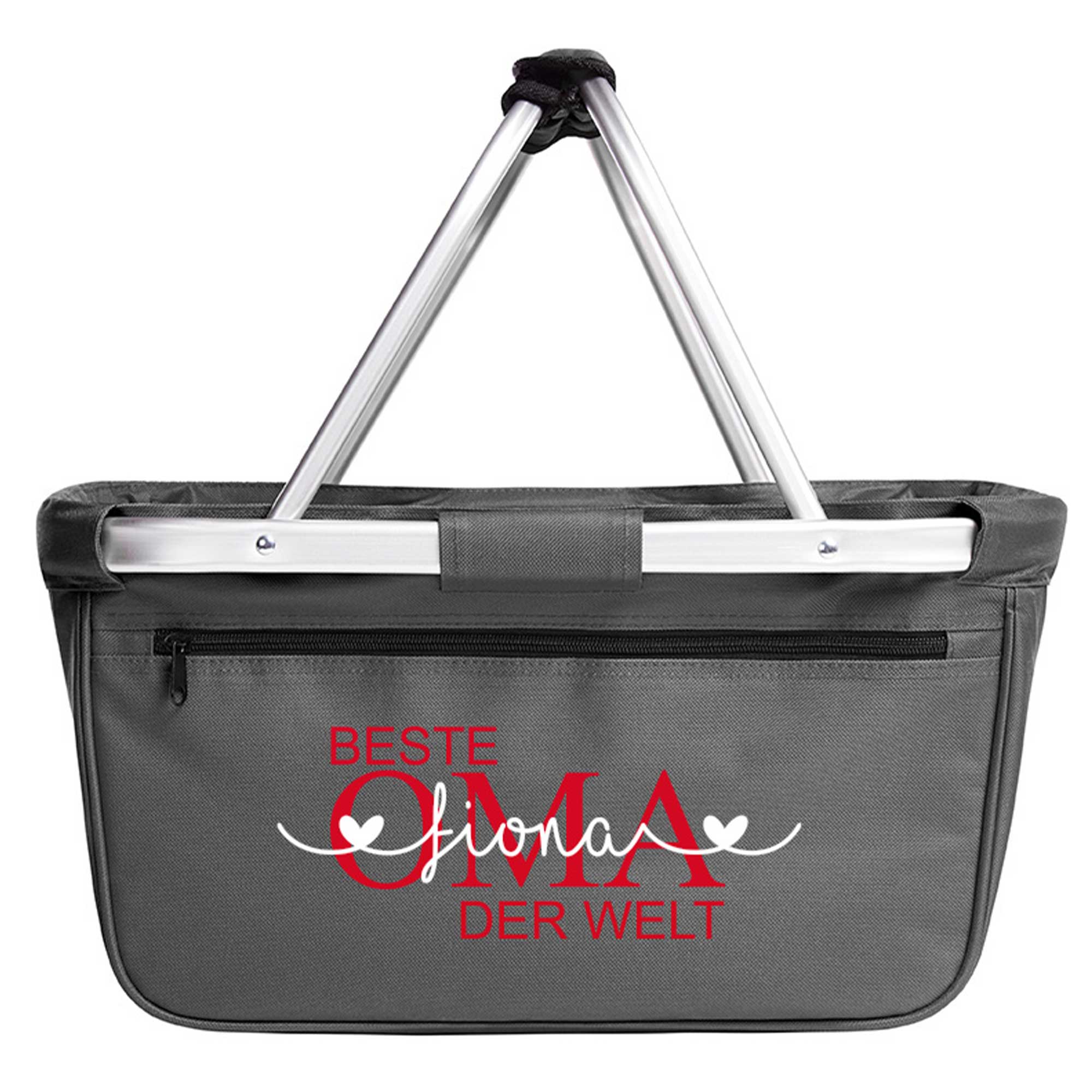 Einkaufskorb mit rotem Aufdruck Beste Oma der Welt und Namen Fiona, freigestellt