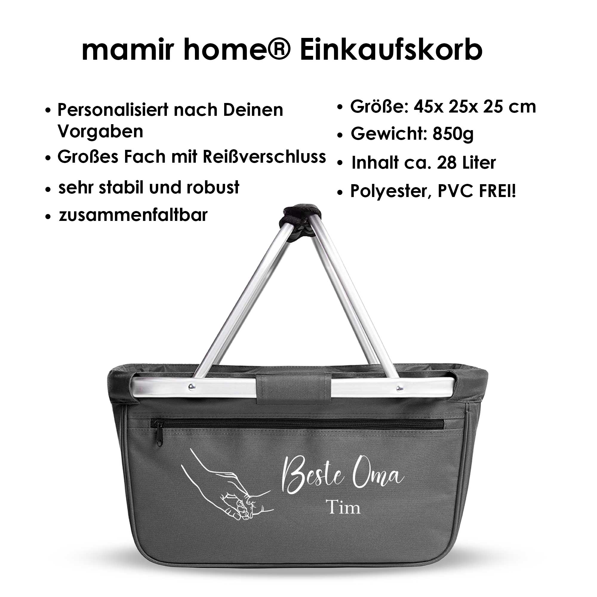 Produktinformationen zum personalisierten Einkaufskorb mit Handmotiv – linke Seite