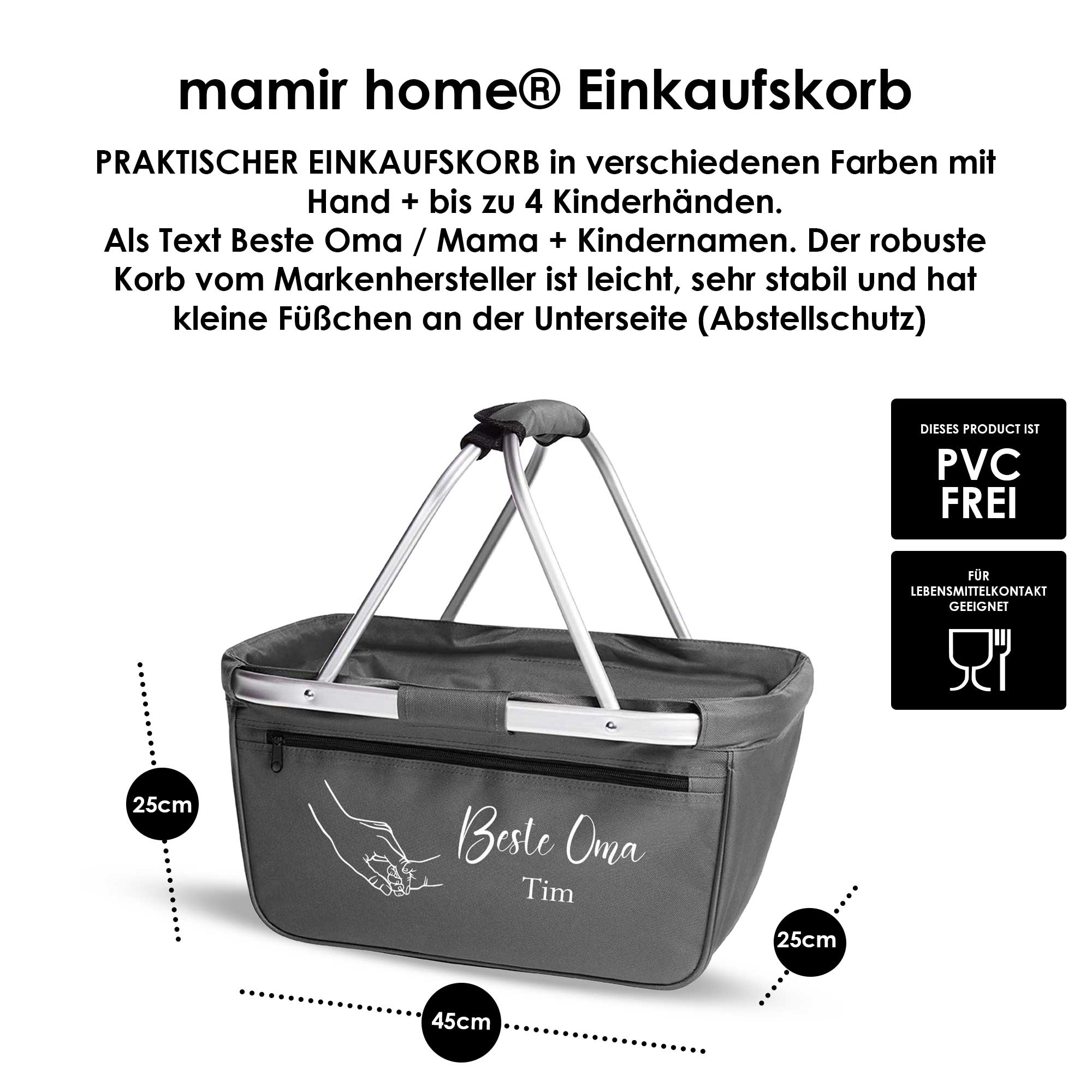 Infobild mit Maßen und Details zum Einkaufskorb mit Hand und Kindernamen