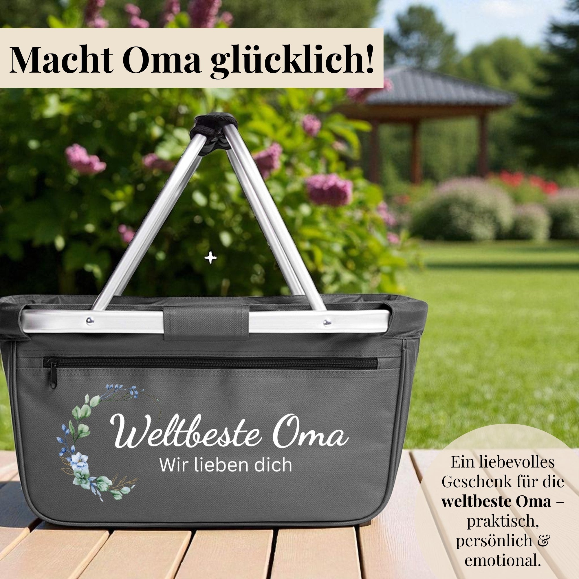 Einkaufskorb „Weltbeste Oma – Wir lieben dich“ mit Blumendesign, liebevolles Geschenk für Oma