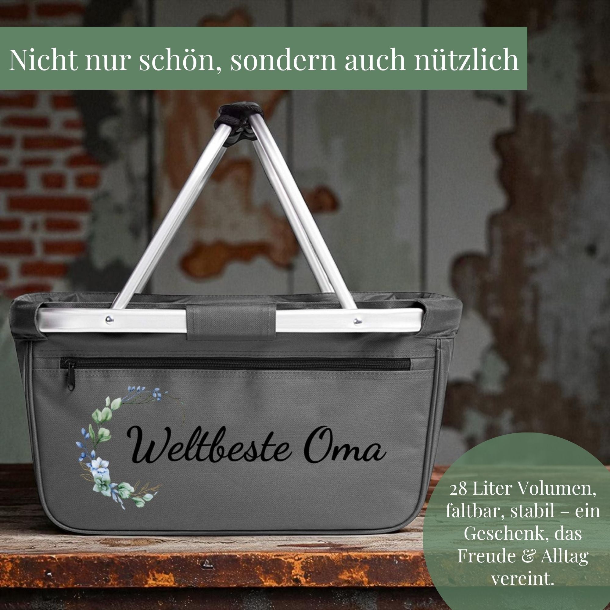 Einkaufskorb „Weltbeste Oma“ mit Blumendesign, stabiler Marktkorb – schön und praktisch zugleich