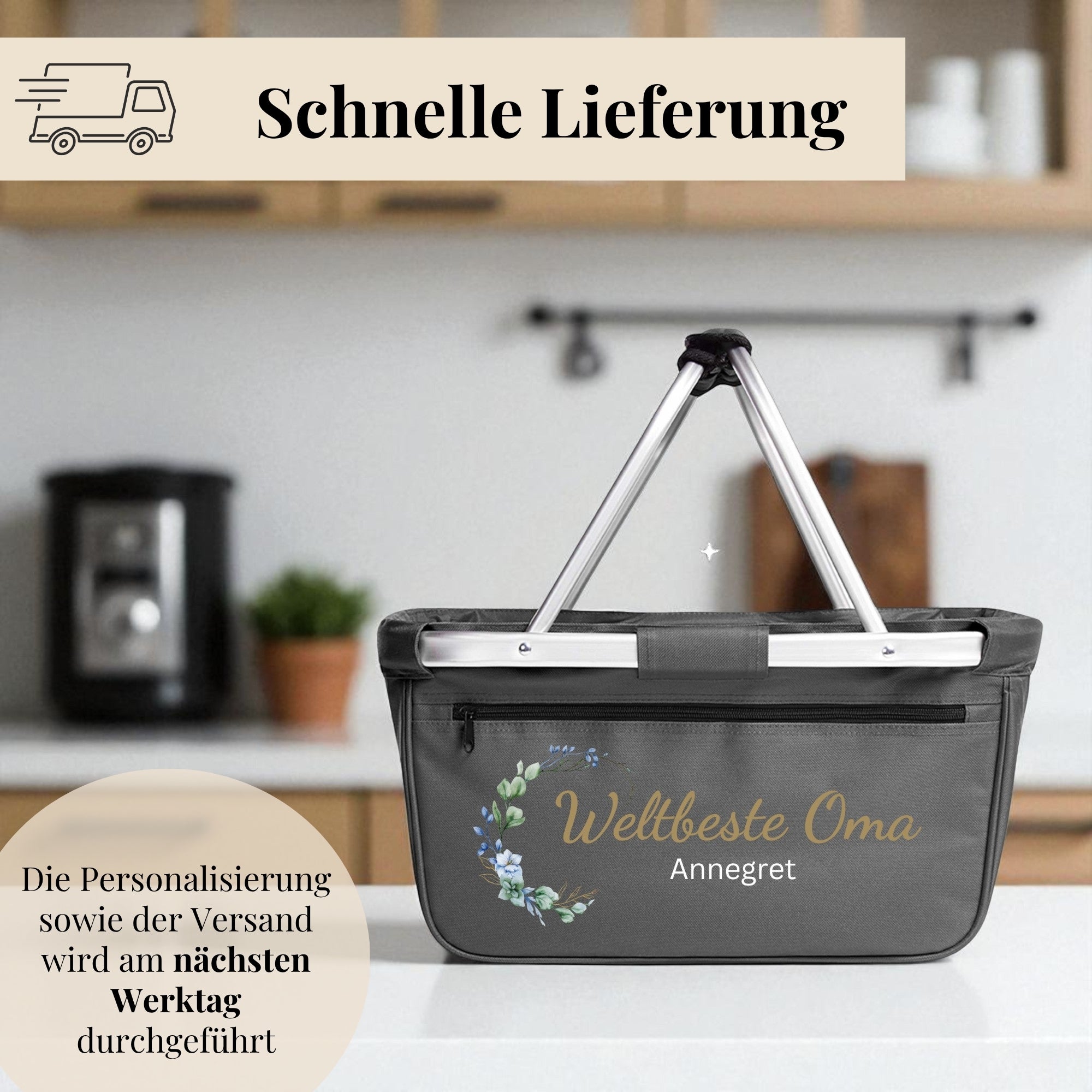 Einkaufskorb „Weltbeste Oma“ personalisiert mit Name Annegret, schnelle Lieferung aus deutscher Manufaktur