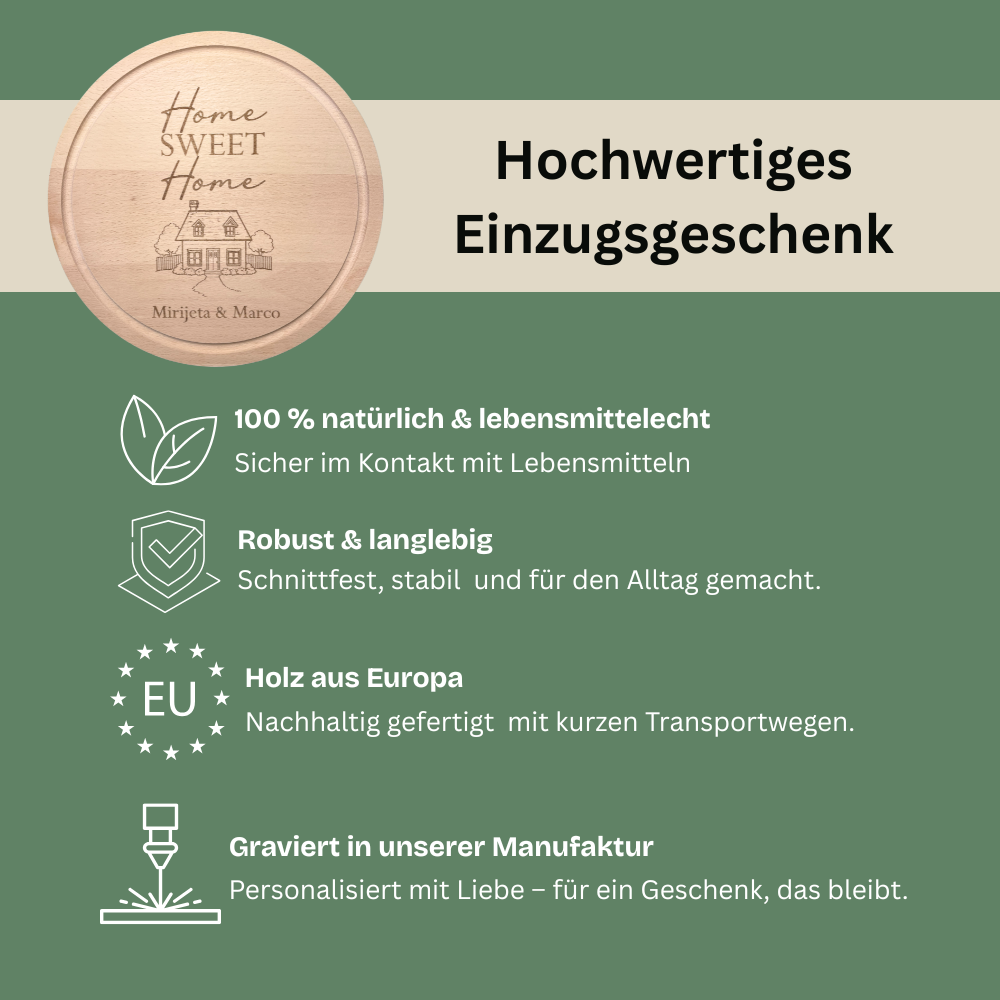 Personalisierte Geschenkidee zum Einzug – Rundes Schneidebrett Home Sweet Home aus Holz mit Gravur & Namen (20 cm / 25 cm)