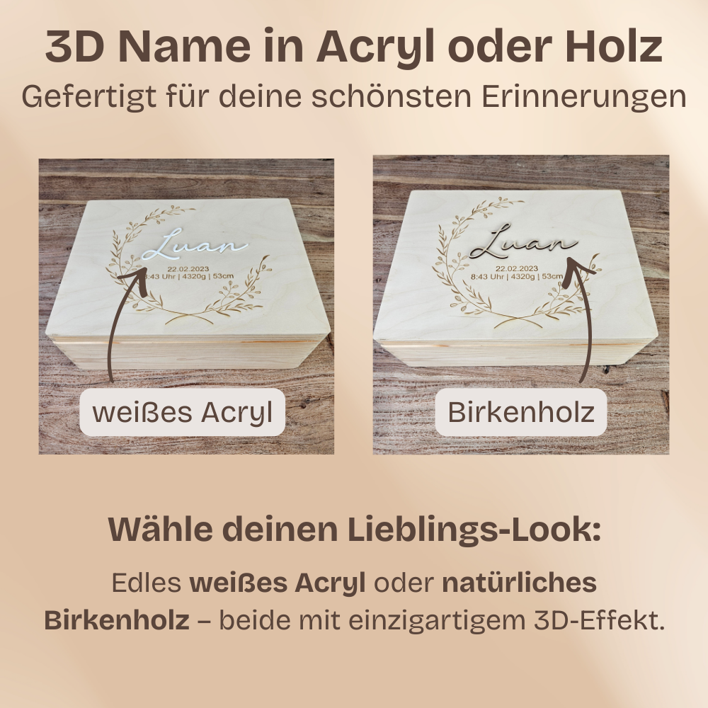 Erinnerungskiste Baby personalisiert mit 3D Namen – Holz Erinnerungsbox zur Geburt & Taufe – Geburtsgeschenk & Taufgeschenk