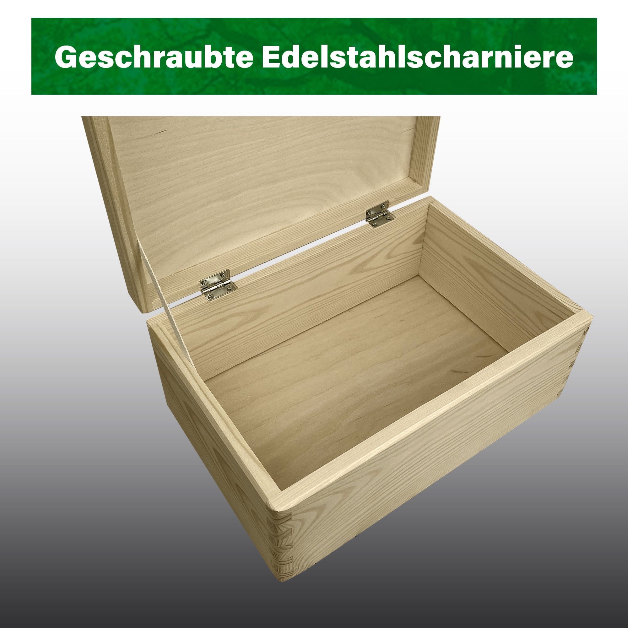 Detailansicht der geschraubten Edelstahlscharniere der Erinnerungskiste