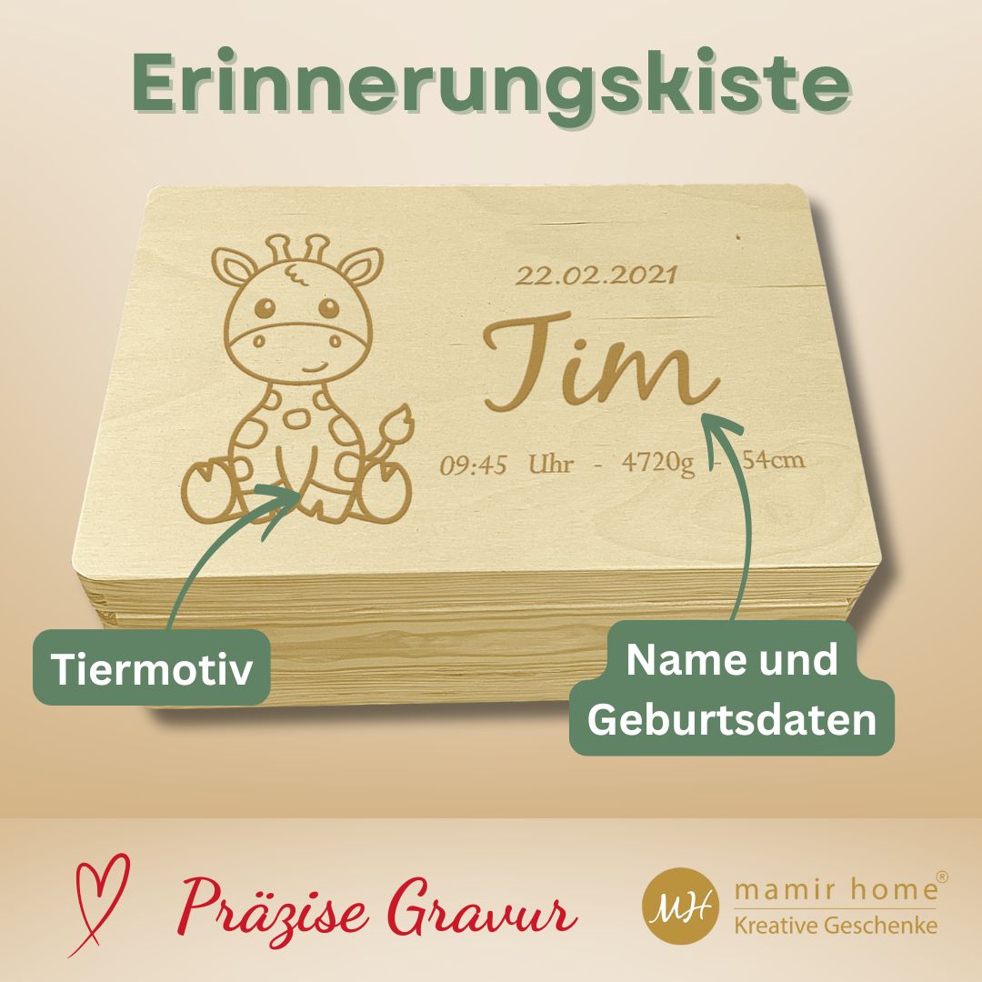 Personalisierte Holzkiste mit Giraffenmotiv und Geburtsdaten – Erinnerungskiste Baby