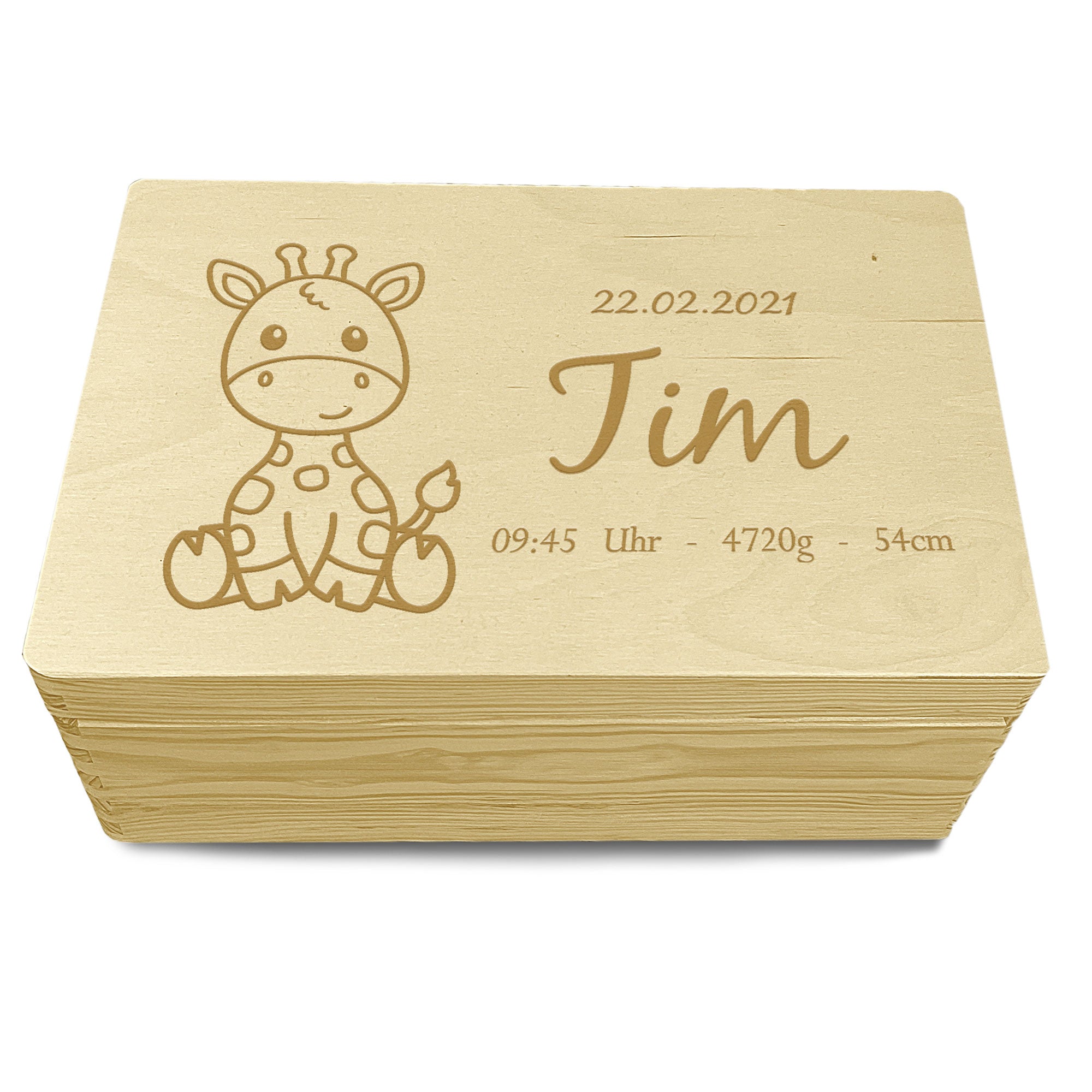 Personalisierte Erinnerungskiste mit süßem Giraffenmotiv und Geburtsdaten für Babys