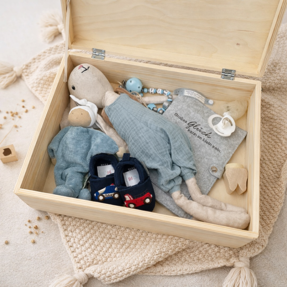 Erinnerungskiste Baby personalisiert mit 3D Namen – Holz Erinnerungsbox zur Geburt & Taufe – Geburtsgeschenk & Taufgeschenk