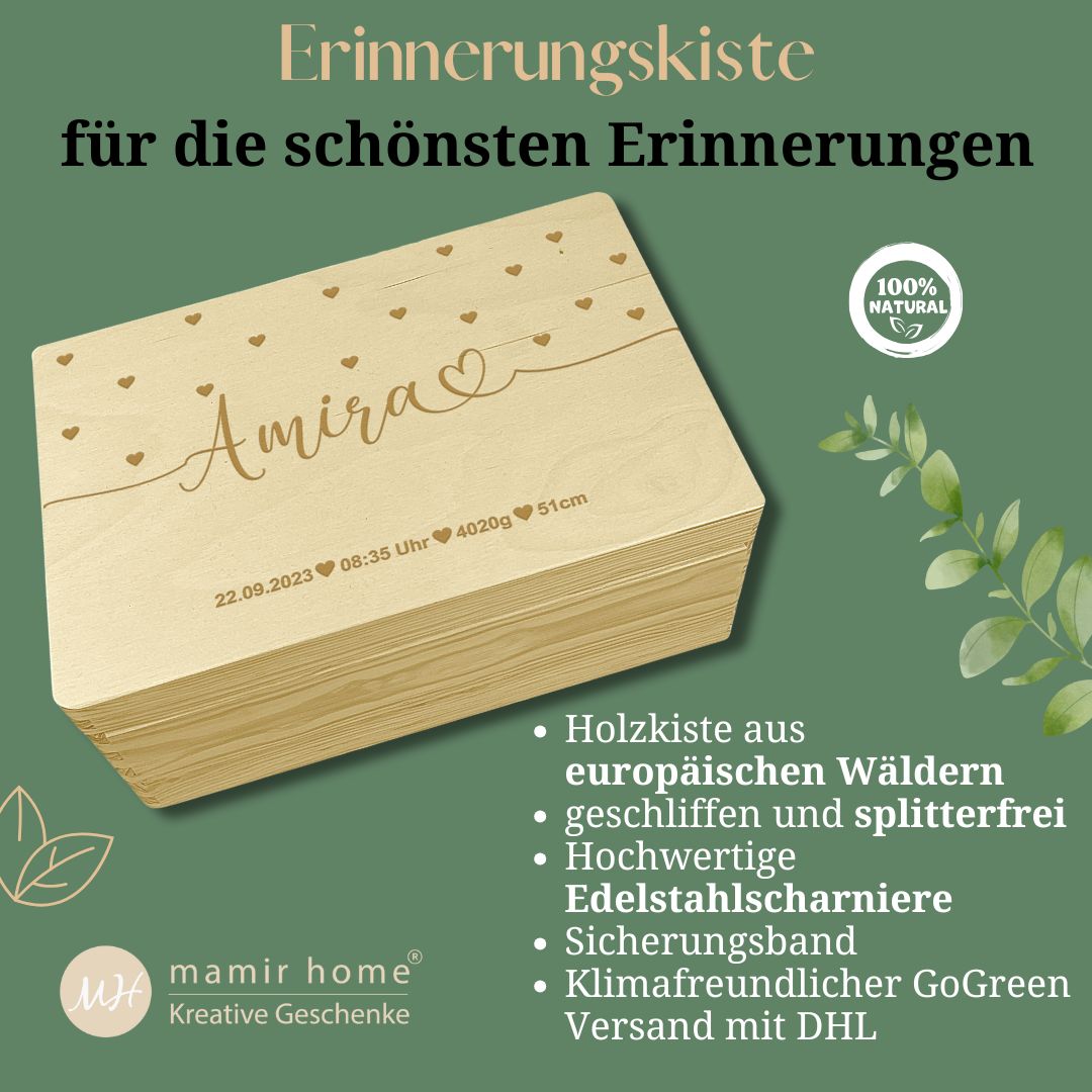Erinnerungskiste Baby mit Name, Herzgravur und hochwertiger Verarbeitung