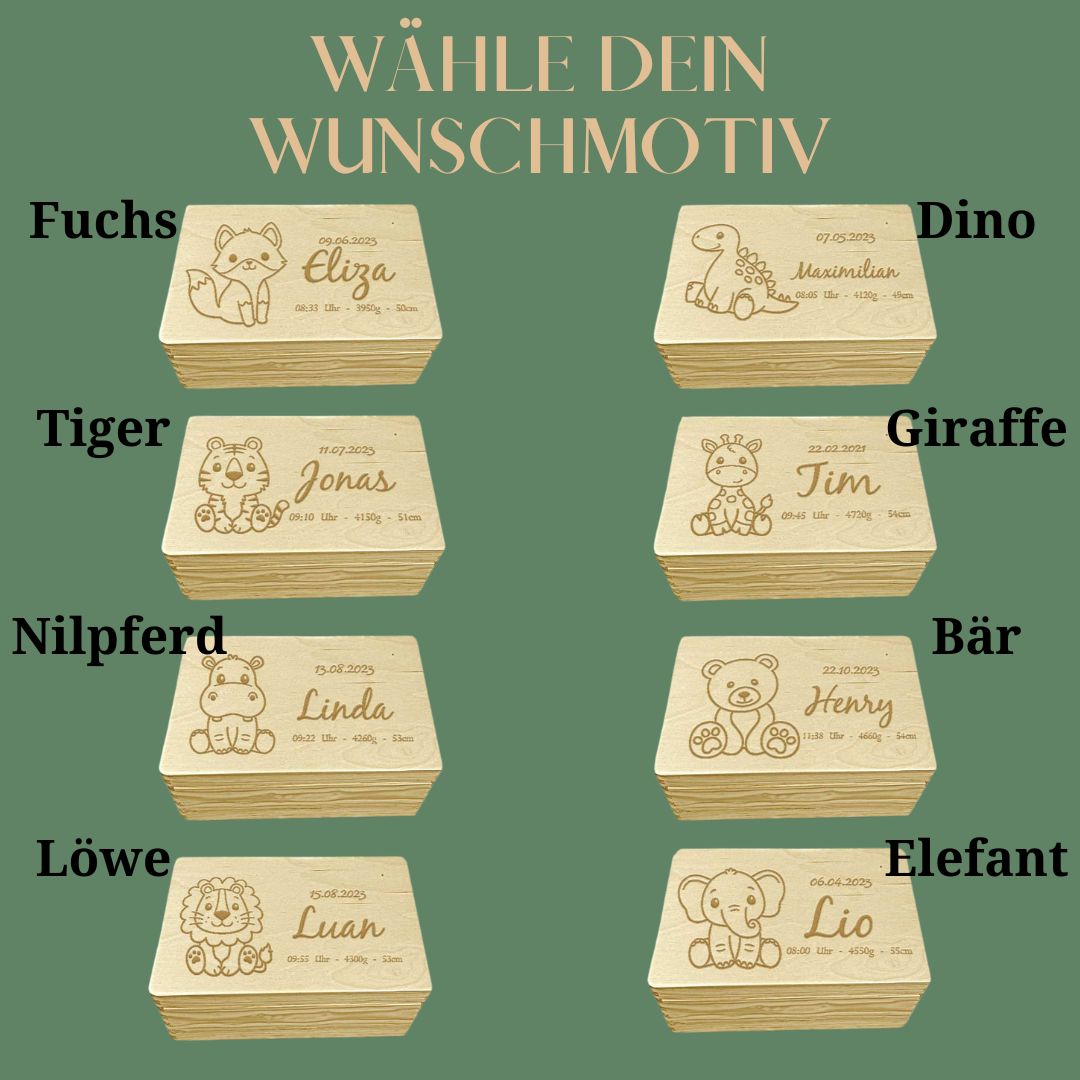 Erinnerungskiste Baby mit Tiermotiv – Auswahl an Gravuren mit Namen und Geburtsdaten