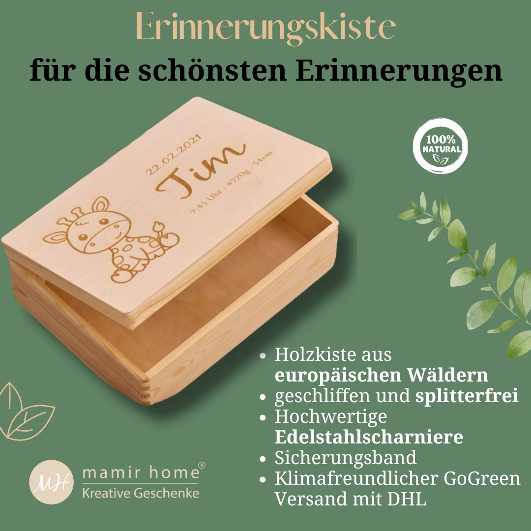 Infobild zur Erinnerungskiste Baby mit Giraffe – Holzqualität, Gravur und Nachhaltigkeit