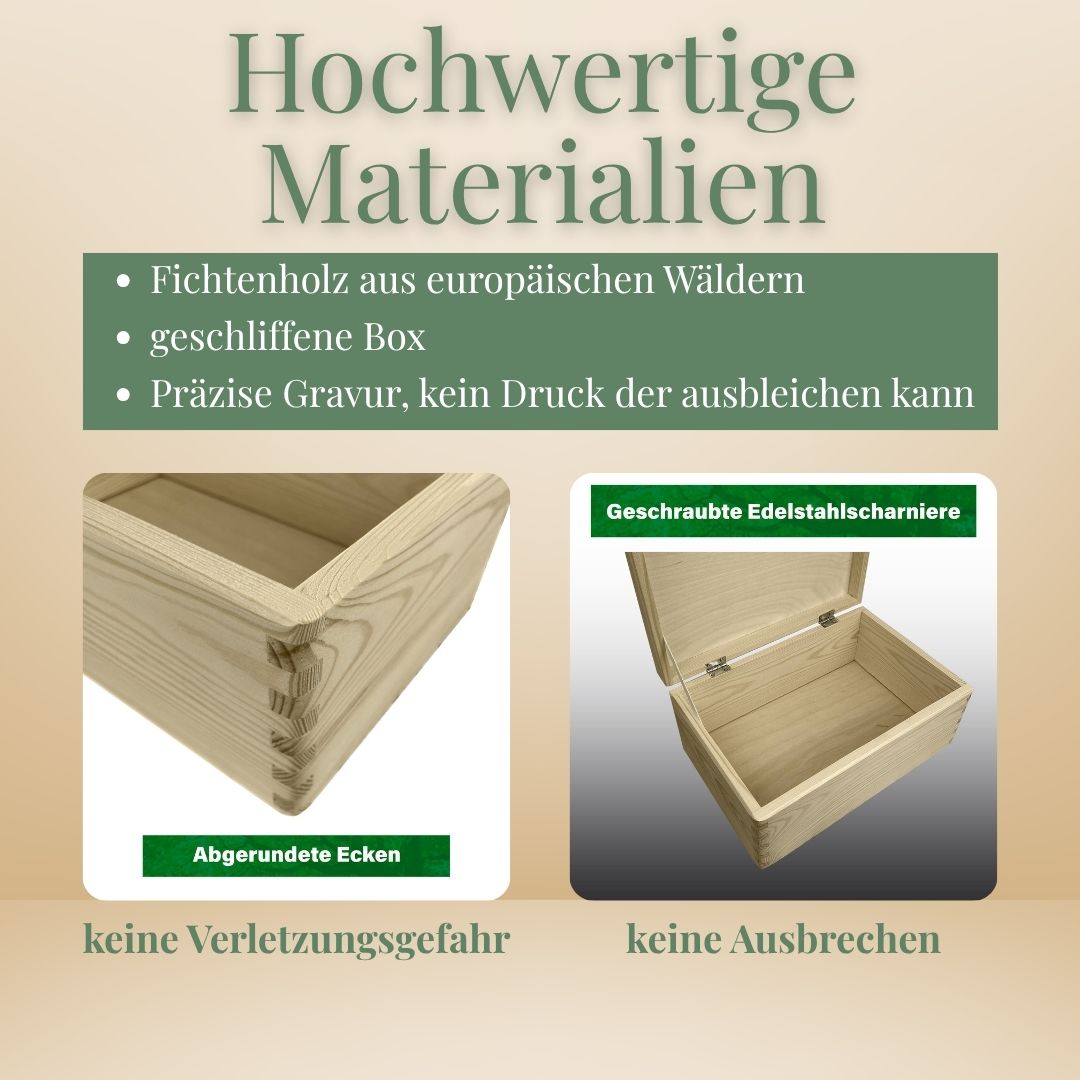 Hochwertige Holzkiste aus Fichtenholz mit abgerundeten Ecken und Edelstahlscharnieren – langlebige Erinnerungskiste zur Hochzeit