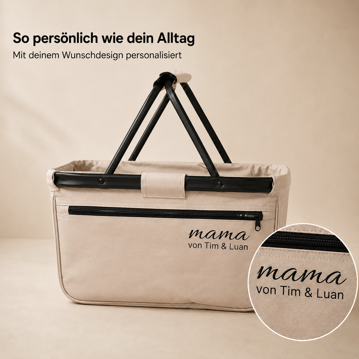 Personalisierter Einkaufskorb für Mama mit Kindernamen – Beige