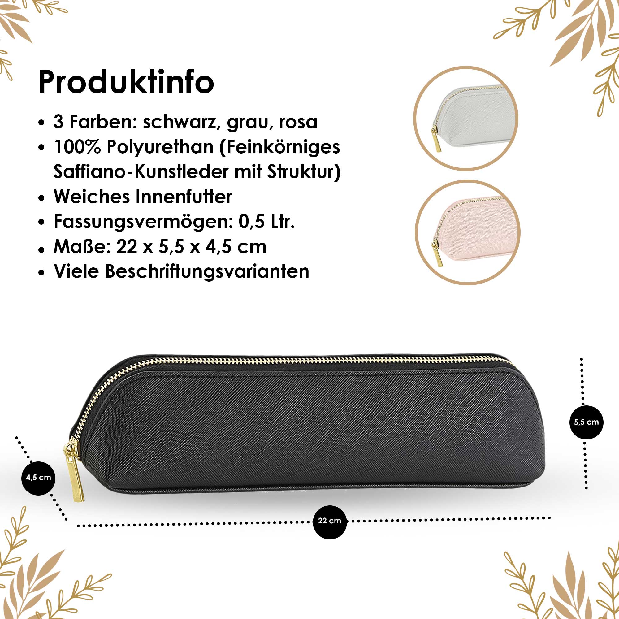 Produktinformationen zum Federmäppchen 'Lehrerin mit Herz' mit Größenangabe und Farbvarianten