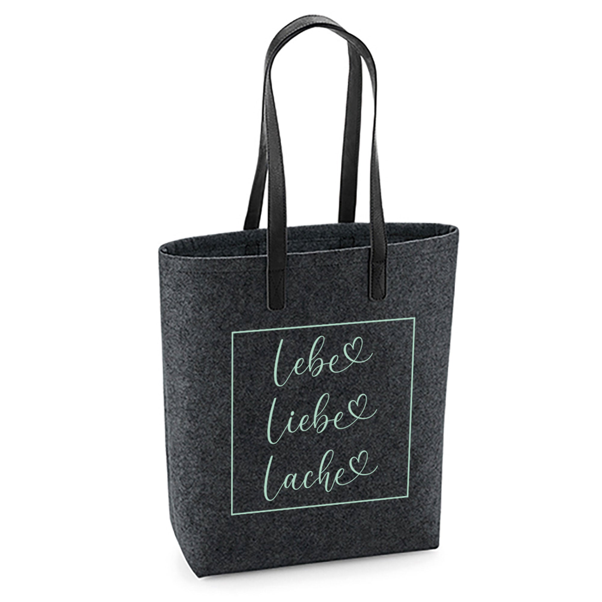 Filztasche Lebe Liebe Lache mit mintfarbenem Aufdruck – stylische Tasche mit Lebensmotto