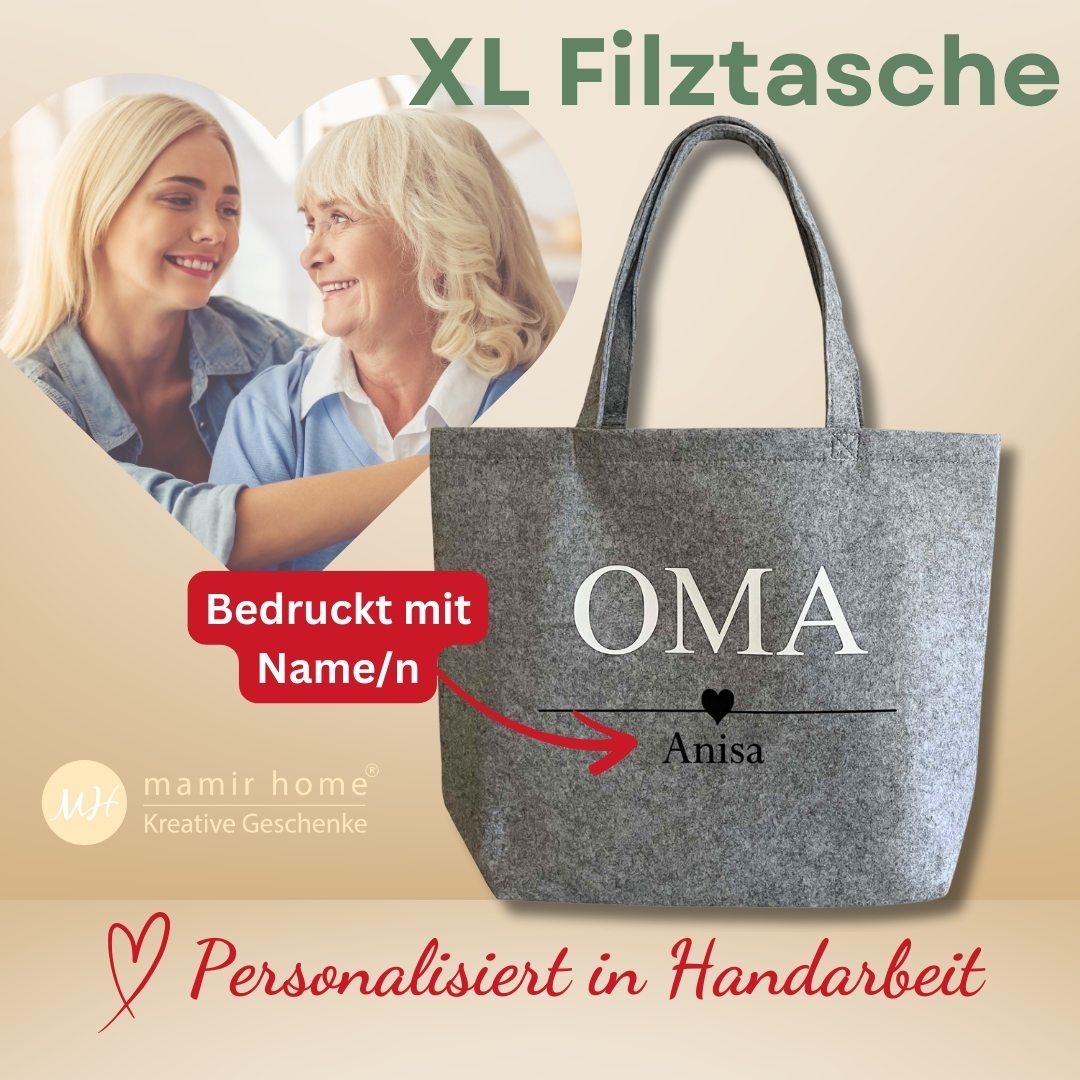 Personalisierte Filztasche für Oma mit Namen – liebevolles Geschenk für Großmütter, ideal zum Muttertag oder Geburtstag.