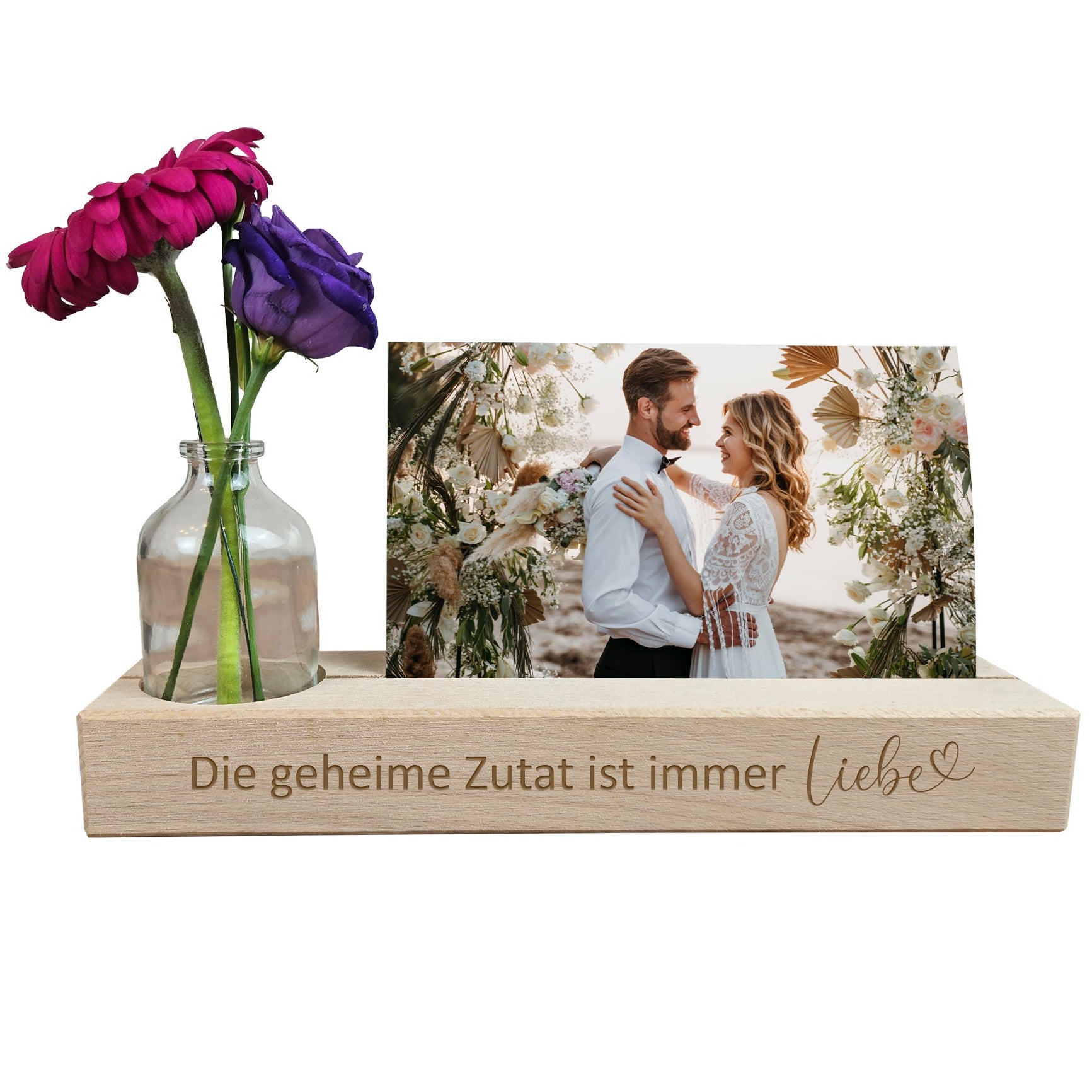 Fotoständer aus Holz mit Vase und Hochzeitsfoto – Geschenk zur Hochzeit