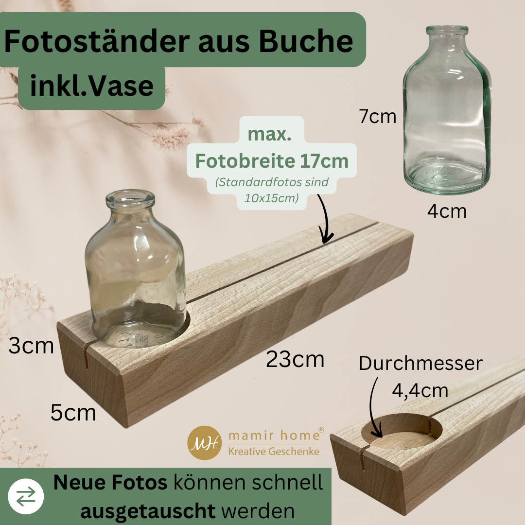 Fotoständer aus Holz mit Vase, perfekt für kleine Aufmerksamkeiten