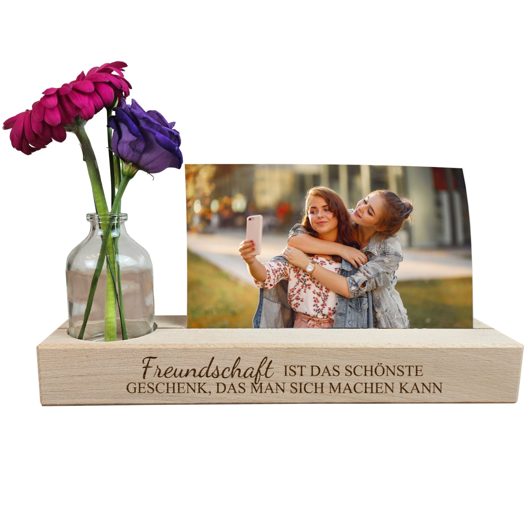 Fotoleiste mit Spruch Freundschaft ist das schönste Geschenk und Vase mit Blumen