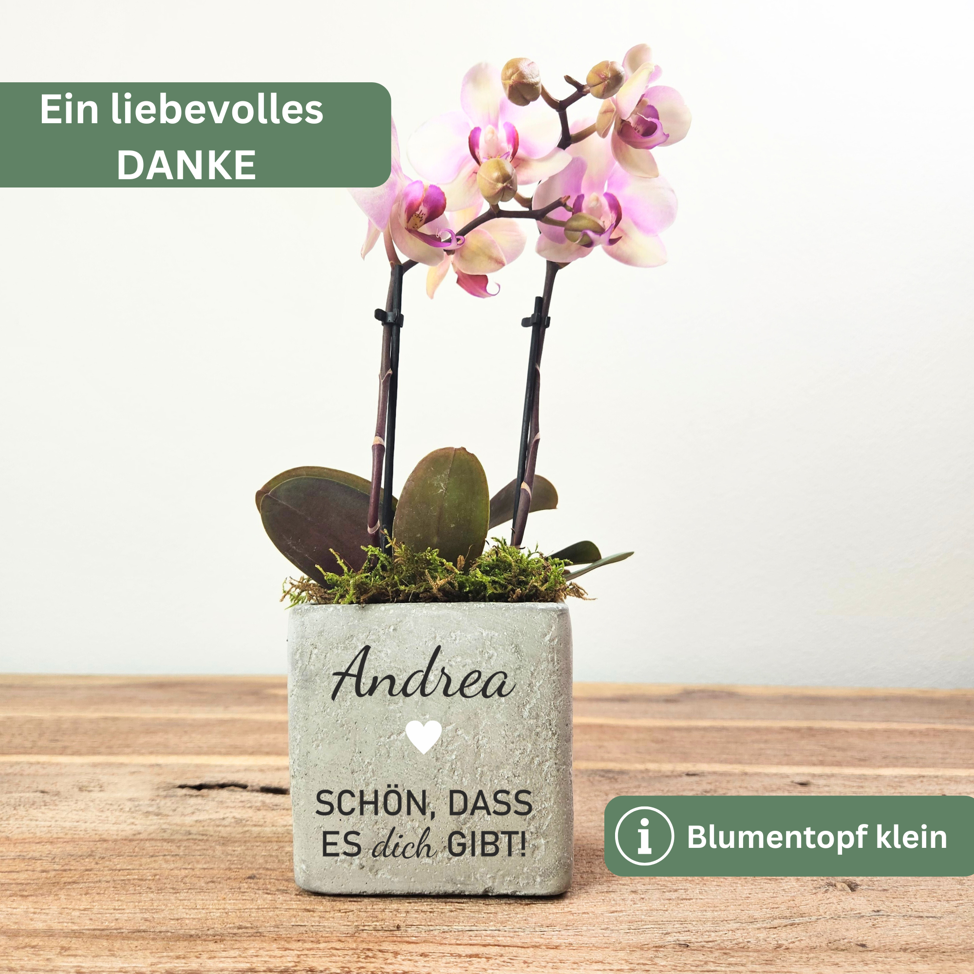 Freundschaftsgeschenk personalisiert mit Namen – Blumentopf aus Beton mit 3D Herz – Danke, dass es dich gibt – Geschenk für Freundin