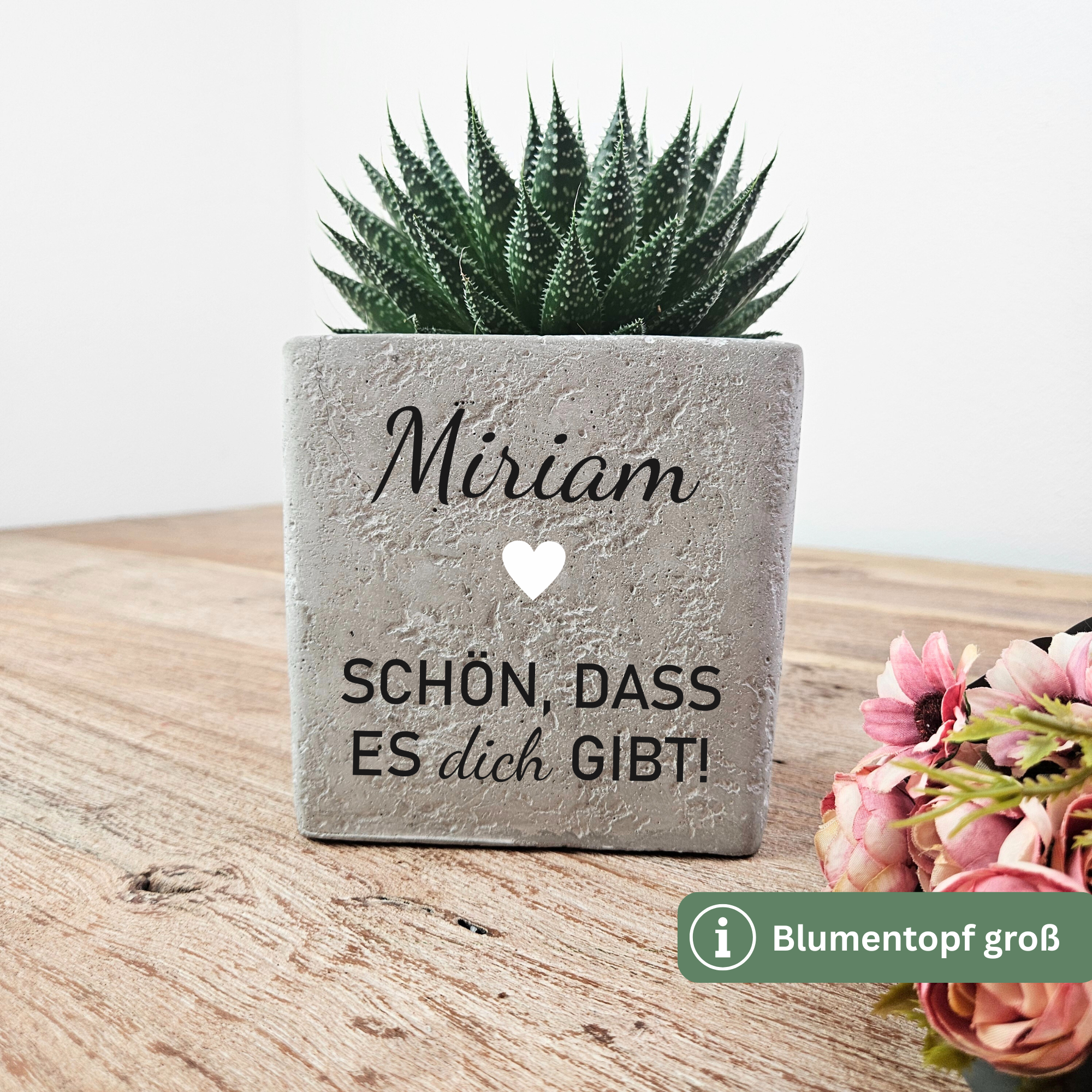 Freundschaftsgeschenk personalisiert mit Namen – Blumentopf aus Beton mit 3D Herz – Danke, dass es dich gibt – Geschenk für Freundin