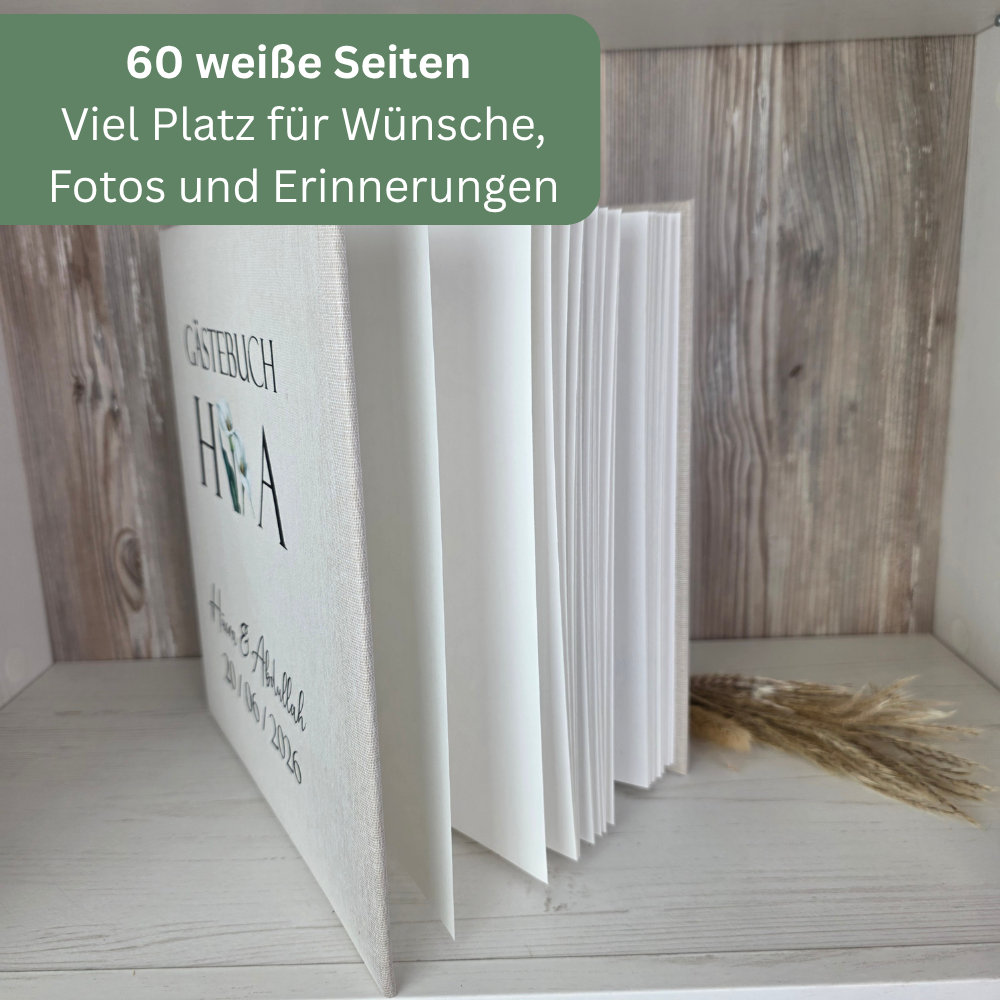 Gästebuch aus echtem Leinen, hochwertig verarbeitet und Made in Germany für langlebige Erinnerungen.