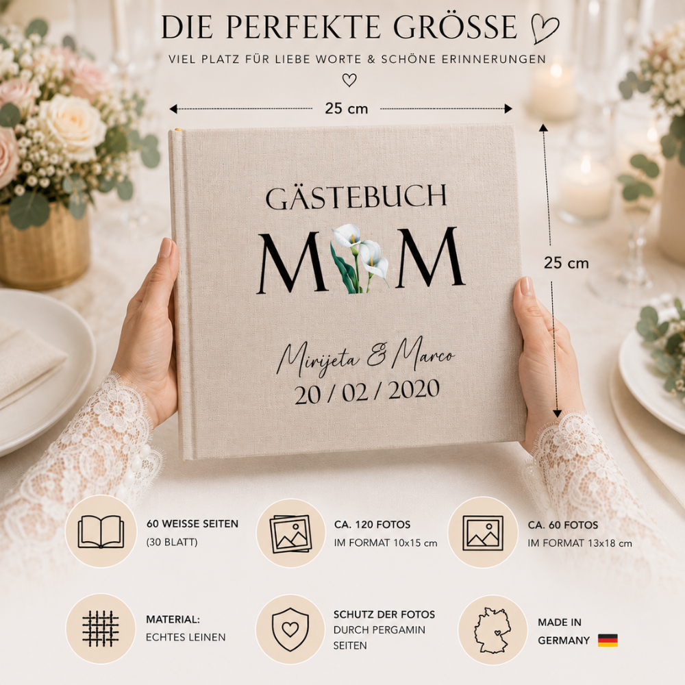 Personalisiertes Gästebuch Hochzeit im Format 25 x 25 cm mit Hardcover, 60 Seiten und echtem Leinen.