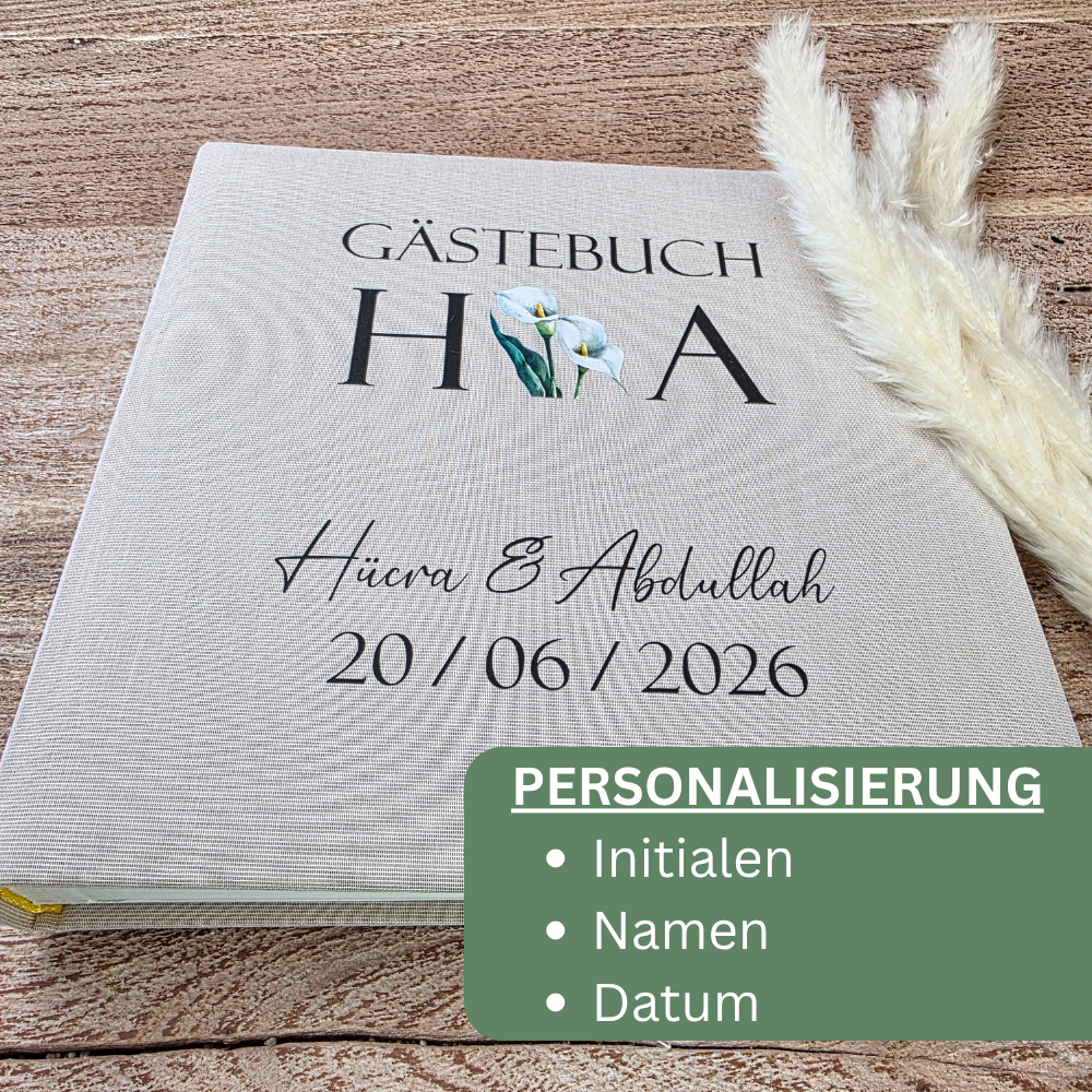 Personalisiertes Gästebuch Hochzeit mit 60 weißen Seiten und hochwertiger Hardcover-Bindung aus echtem Leinen.