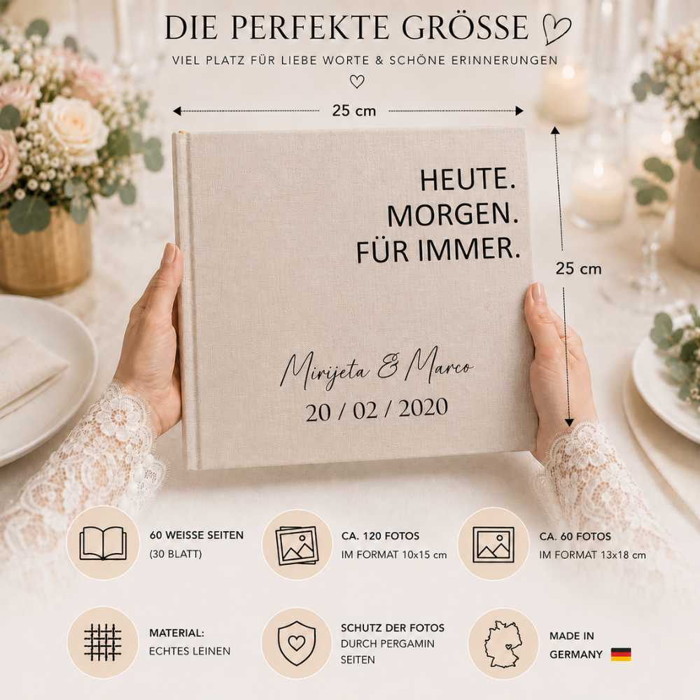 Modernes Gästebuch Hochzeit mit dem Schriftzug „HEUTE. MORGEN. FÜR IMMER.“ und individueller Personalisierung.
