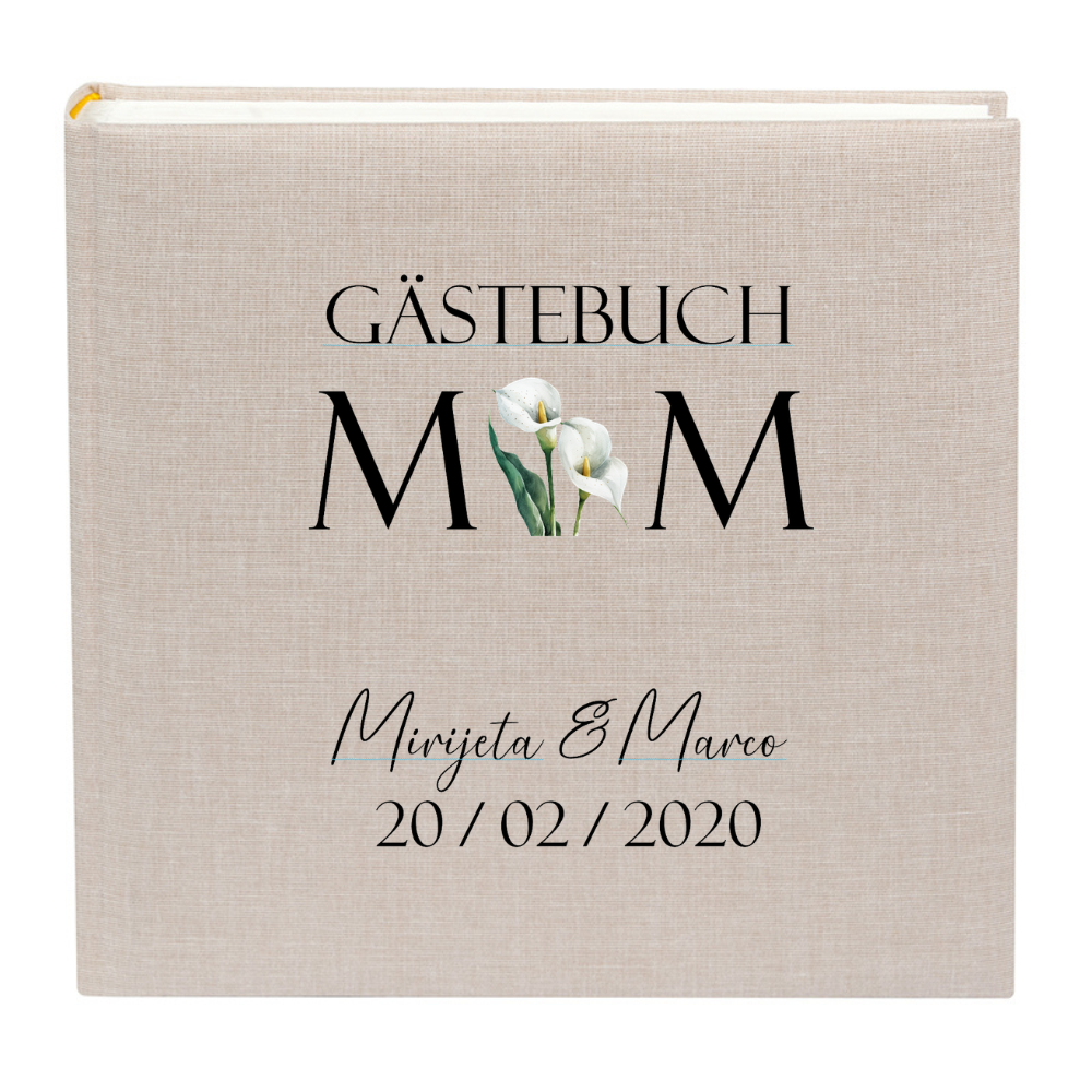Personalisiertes Gästebuch Hochzeit aus echtem Leinen mit Initialen, Namen und Hochzeitsdatum im Format 25 x 25 cm.