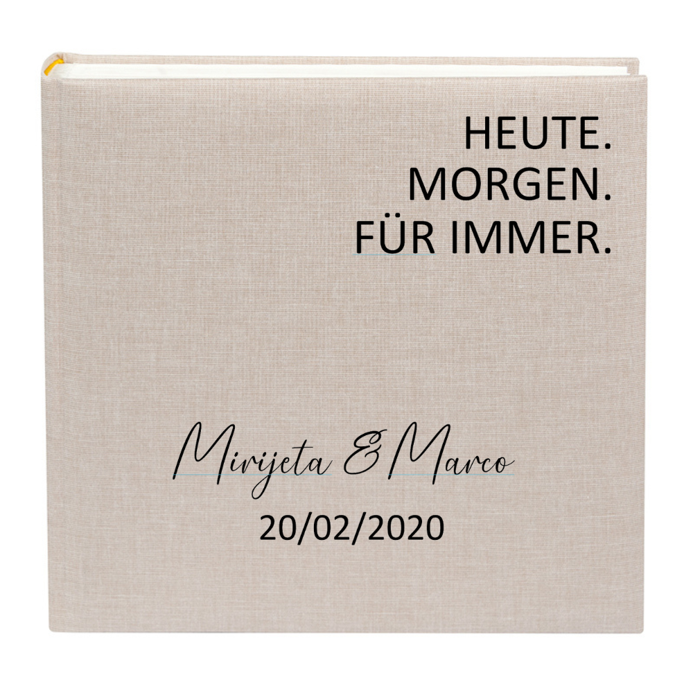 Personalisiertes Gästebuch Hochzeit aus echtem Leinen mit modernem Design „HEUTE. MORGEN. FÜR IMMER.“, individuell mit Namen und Hochzeitsdatum gestaltet.