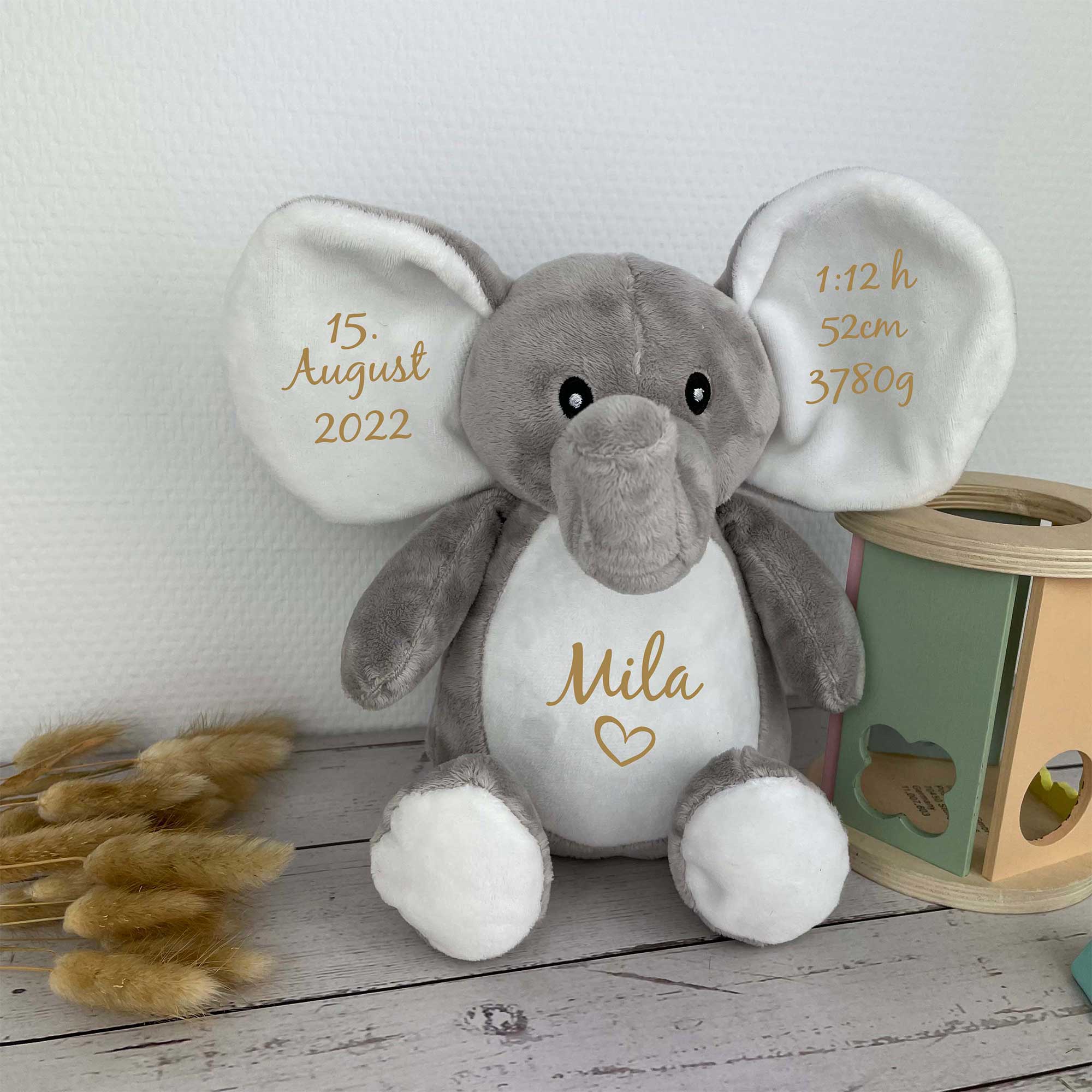 Personalisierter Elefant zur Geburt – Kuscheltier mit Namen und Geburtsdaten, Geschenk für Babys
