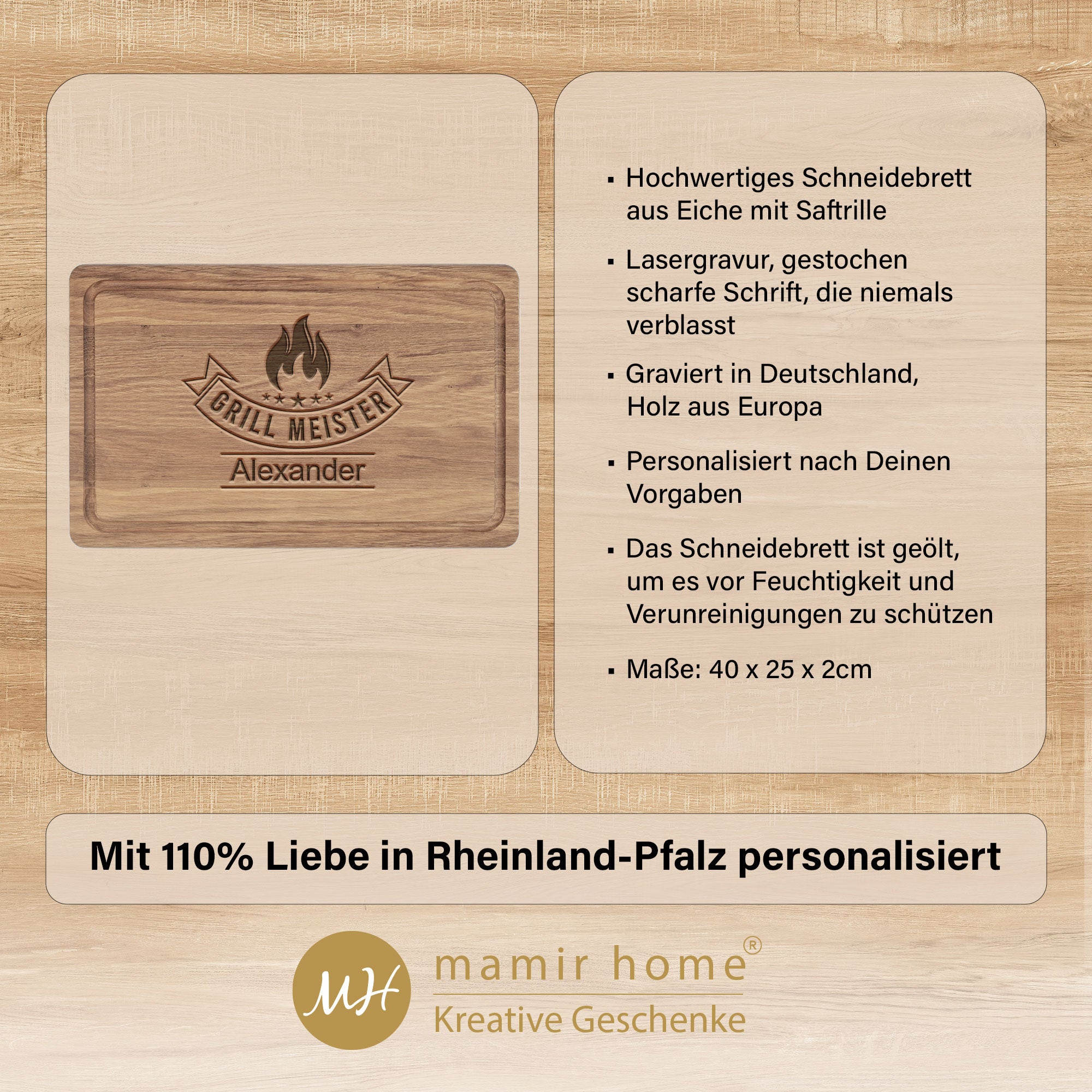 Infobild zum personalisierten Grillmeister Schneidebrett – ideales Geburtstagsgeschenk für Männer