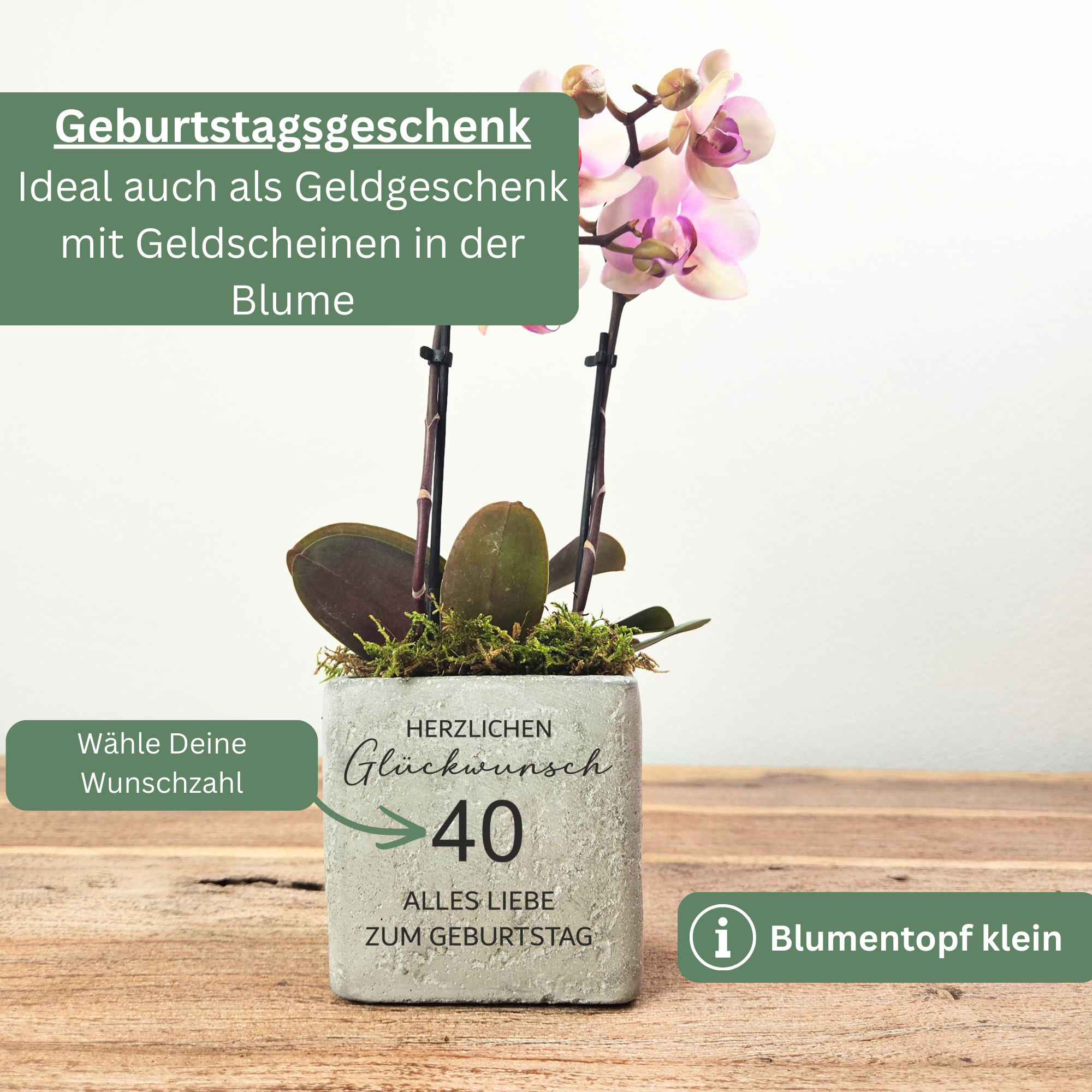 Personalisiertes Geburtstagsgeschenk mit Zahl – Blumentopf zum 30., 40., 50., 60., 70. & 80. Geburtstag – Geschenk für Mama & Oma