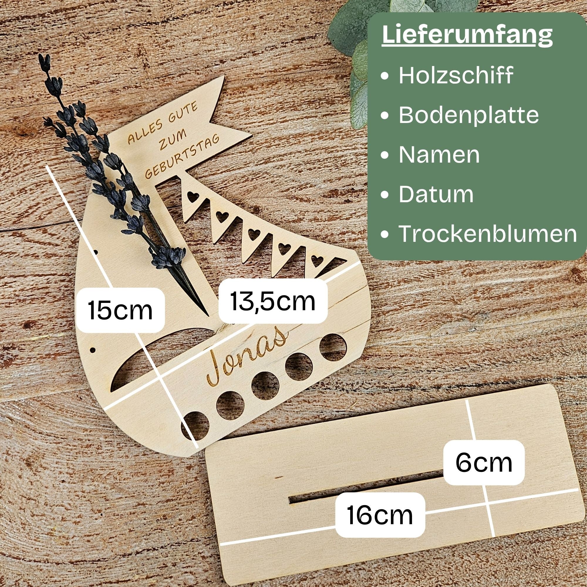 Größenangaben und Lieferumfang des personalisierten Holzsegelboots – Geldgeschenk zum Geburtstag mit Namen